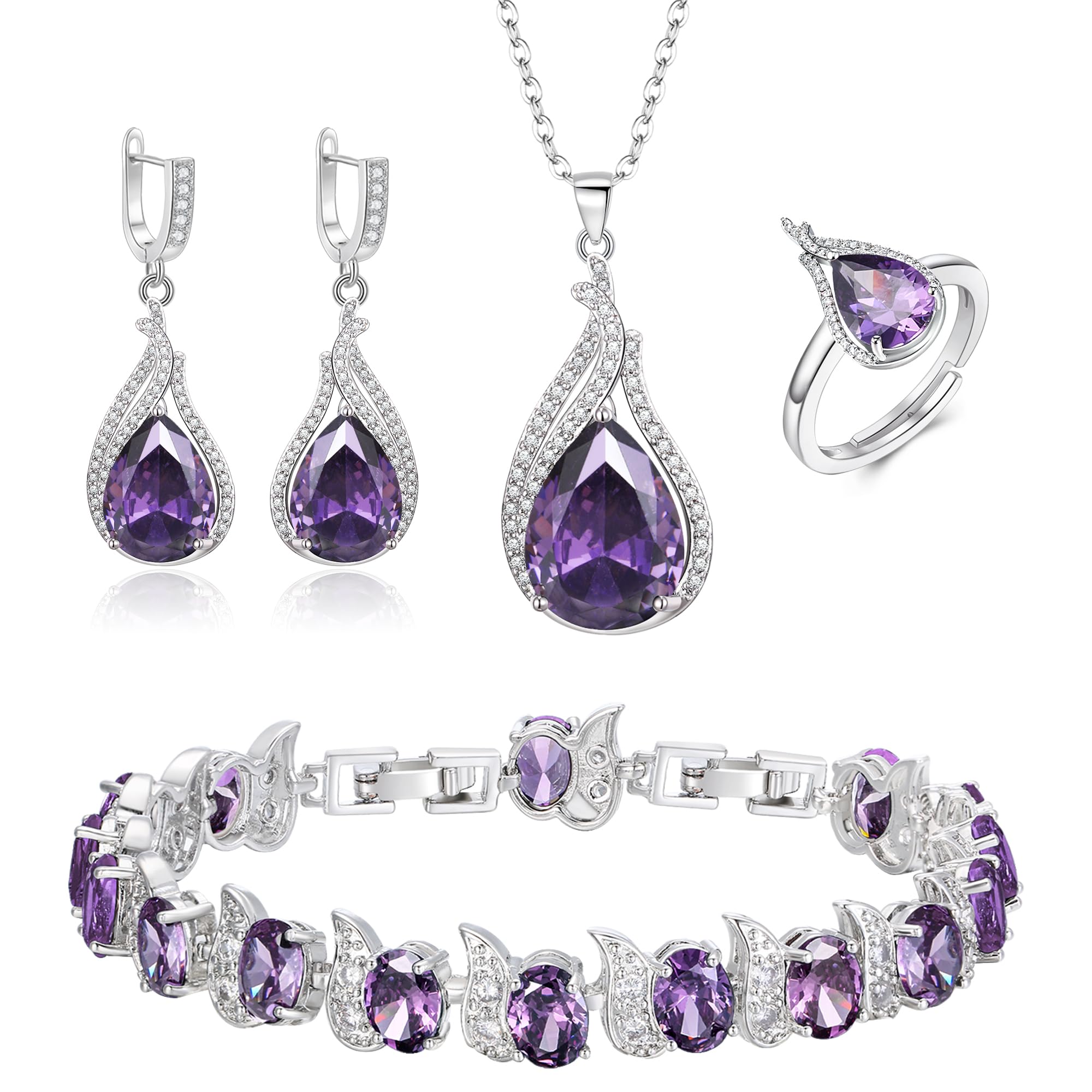 BriLove Jewelry Set for Bride, Sparkling Water Drop Cubic Zirconia Crystal Pendant Necklace Leverback Earrings Tennis Bracelet Adjustable Ring Gift for Wedding/Birthday/Mother's Day/Christmas