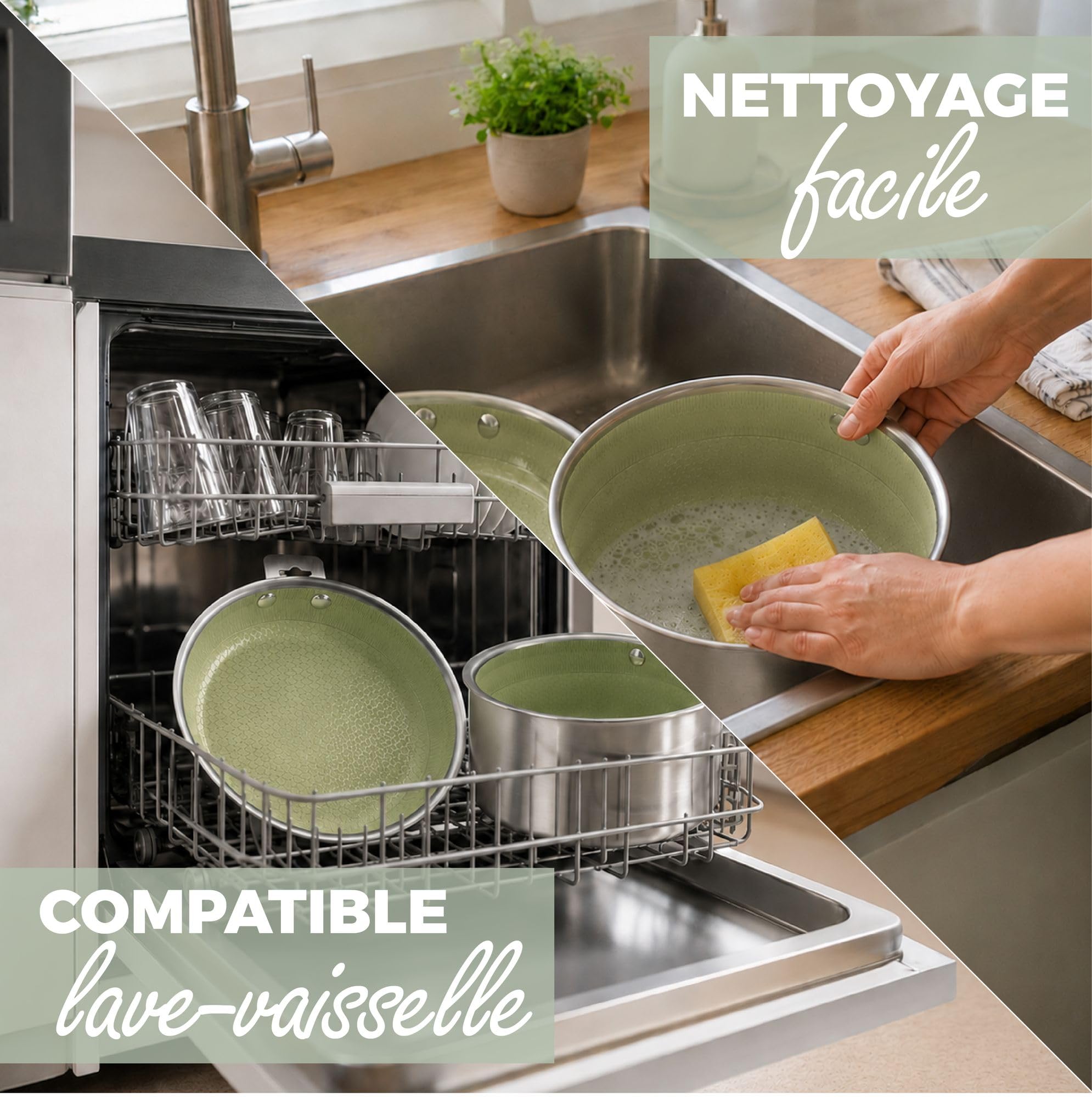 MENASTYL - Faitout 24 cm Aglaé en inox triply - Revêtement antiadhésif céramique nid d'abeille sans PFAS - Tous feux induction - Vert sauge - Four et lave-vaisselle - Sans PTFE/PFOA - Haute résistance