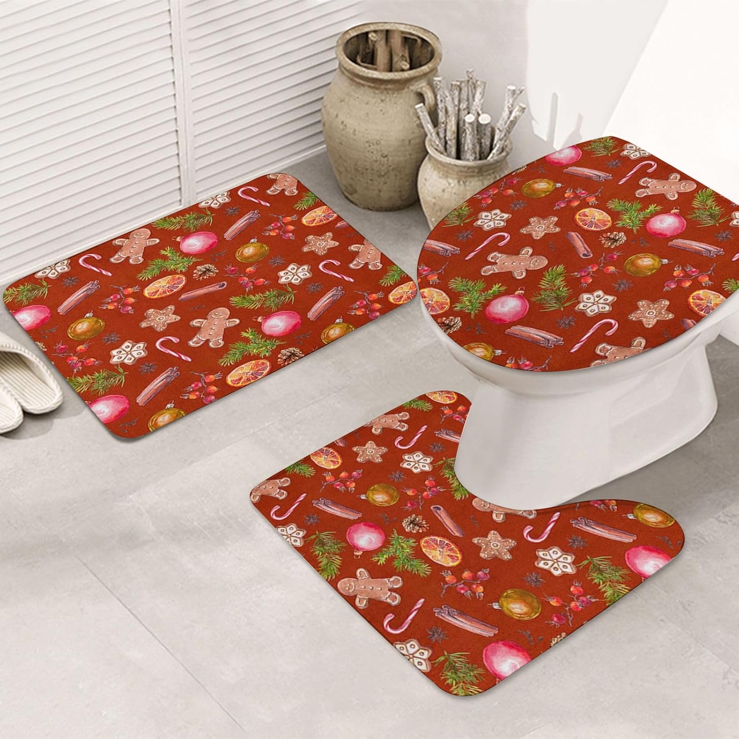 ERICAT Bathroom Set, NonSlip Bath Mat and Pedestal Mat Set, Christmas