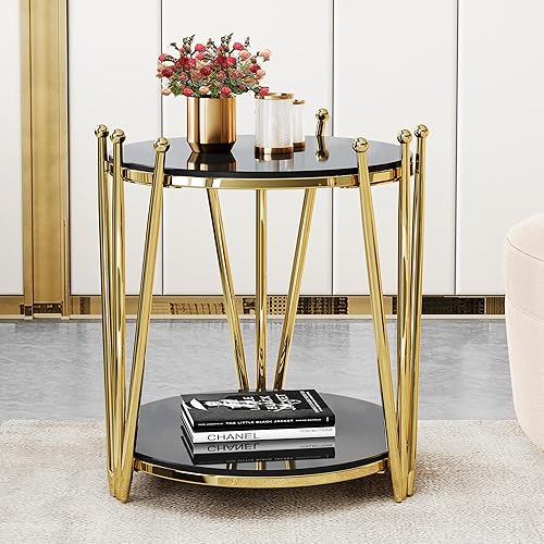 Miniatura 7 de Juego de 3 mesas de centro de cristal negro de lujo, mesa auxiliar redonda dorada moderna para sala de estar, diseño de corona de acero inoxidable,