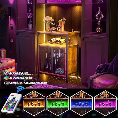 Miniatura 2 de Unikito Armario de bar de vinos con toma de corriente y luz LED, mini barra de café para el hogar con soporte para vidrio, gabinete de licor con