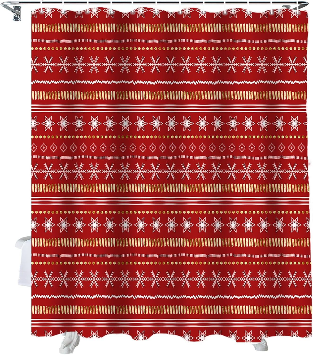 Chic D Boho Style Fabric Shower Curtain Bathroom, Snowflake Stripes Red Gold Custom Shower Curtain Set w/ Hooks, Xmas Theme Luxury Bathroom Curtains Waterproof Bathroom Accessories, 72x72inch