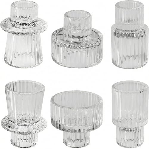 Elegant Crystal Glass Candle Holders Set of 6-3 Unique Styles with Matched Pairs, Tall/Medium/Low Tealight Holders, Centerpieces for Wedding, Dining Table, Home Decor