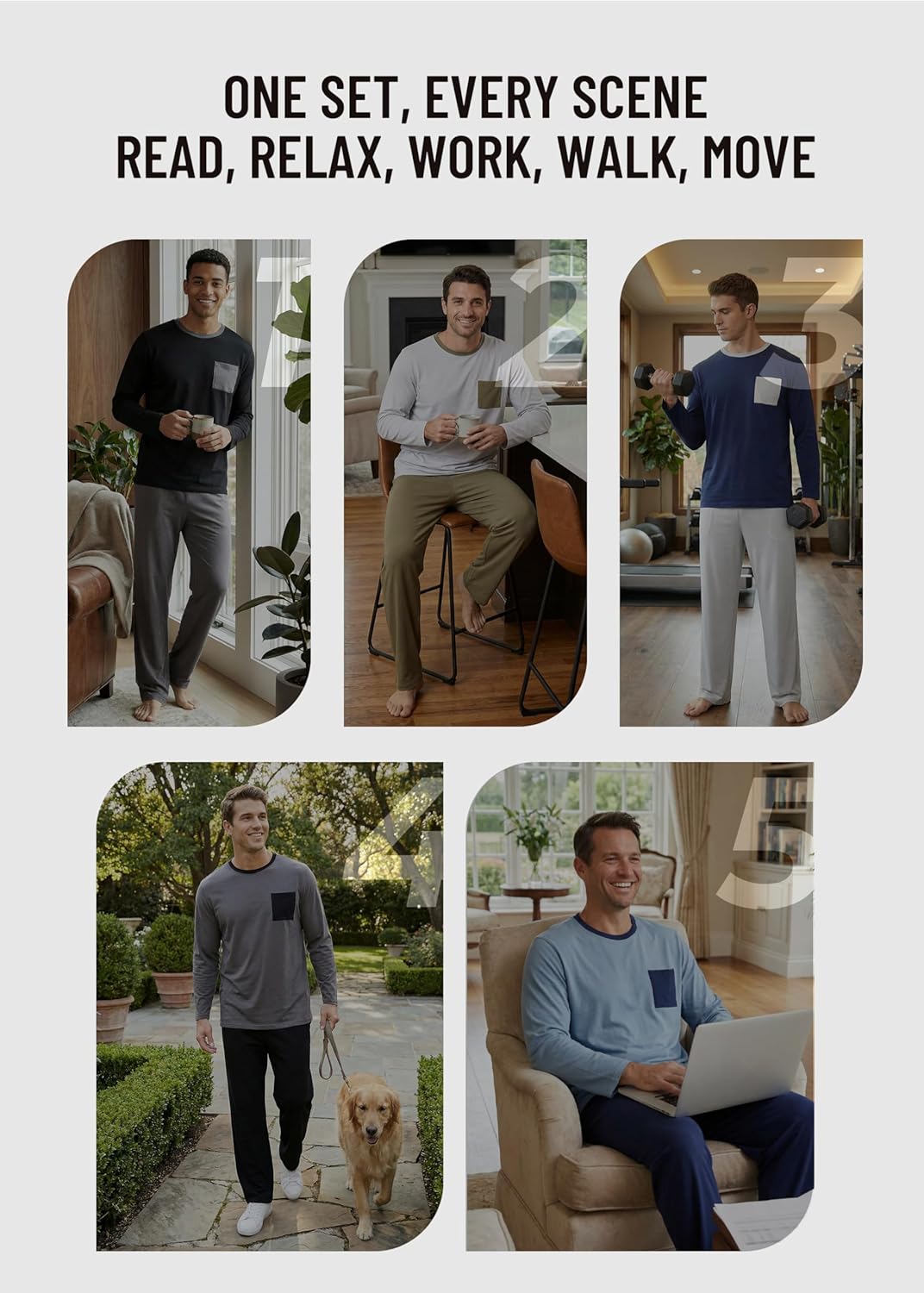Vulcanodon Men's Organic Cotton Pajama Set, Soft Breathable Long Sleeve Pjs for Men Crew Neck Cozy Lounge Set with Pockets