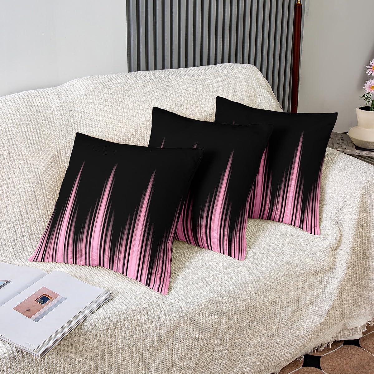 Homemissing Ombre 18x18 Inch Pink Ombre Reversible Throw Pillow Covers Boys Abstract Pink and Black Square Cushion Covers Set of 2 Lines Pillows Covers - Image 4