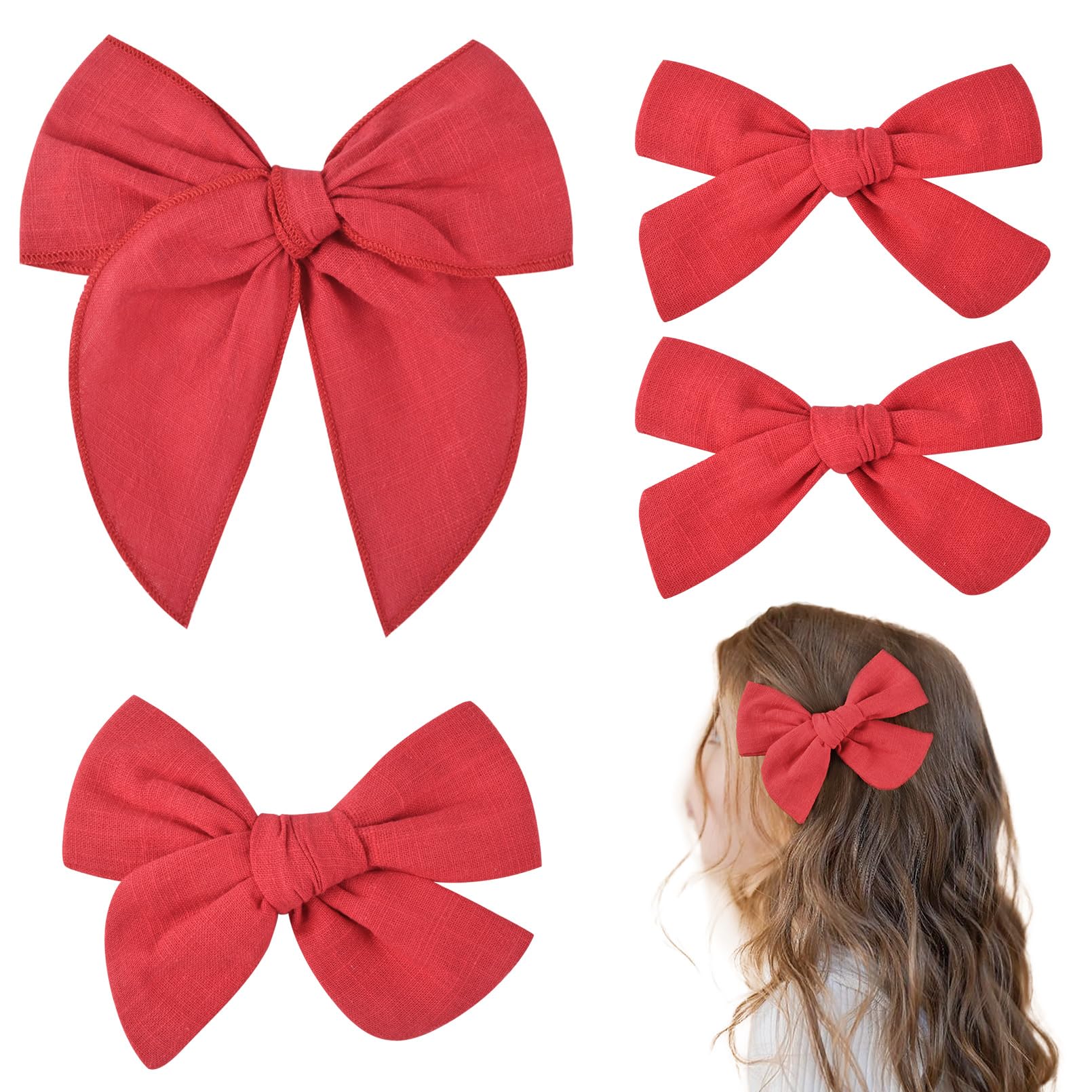 DEEKA 4 PCS Red Cotton Linen Hair Bows 3 Styles 5" & 4" Handmade Hair Bow set for Toddler Girls Alligator Hair Clips Knot Bows Hair Accessories for