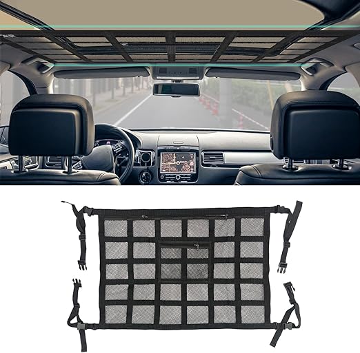 Car Ceiling Cargo Net Pocket, Car Mesh Organizer, 31.5"*21.6" Double-Layer Interior Roof Cargo Net, Universal Auto Accessories Adjustable Buckle Roof Storage for Truck SUV Travel Long Road Trip