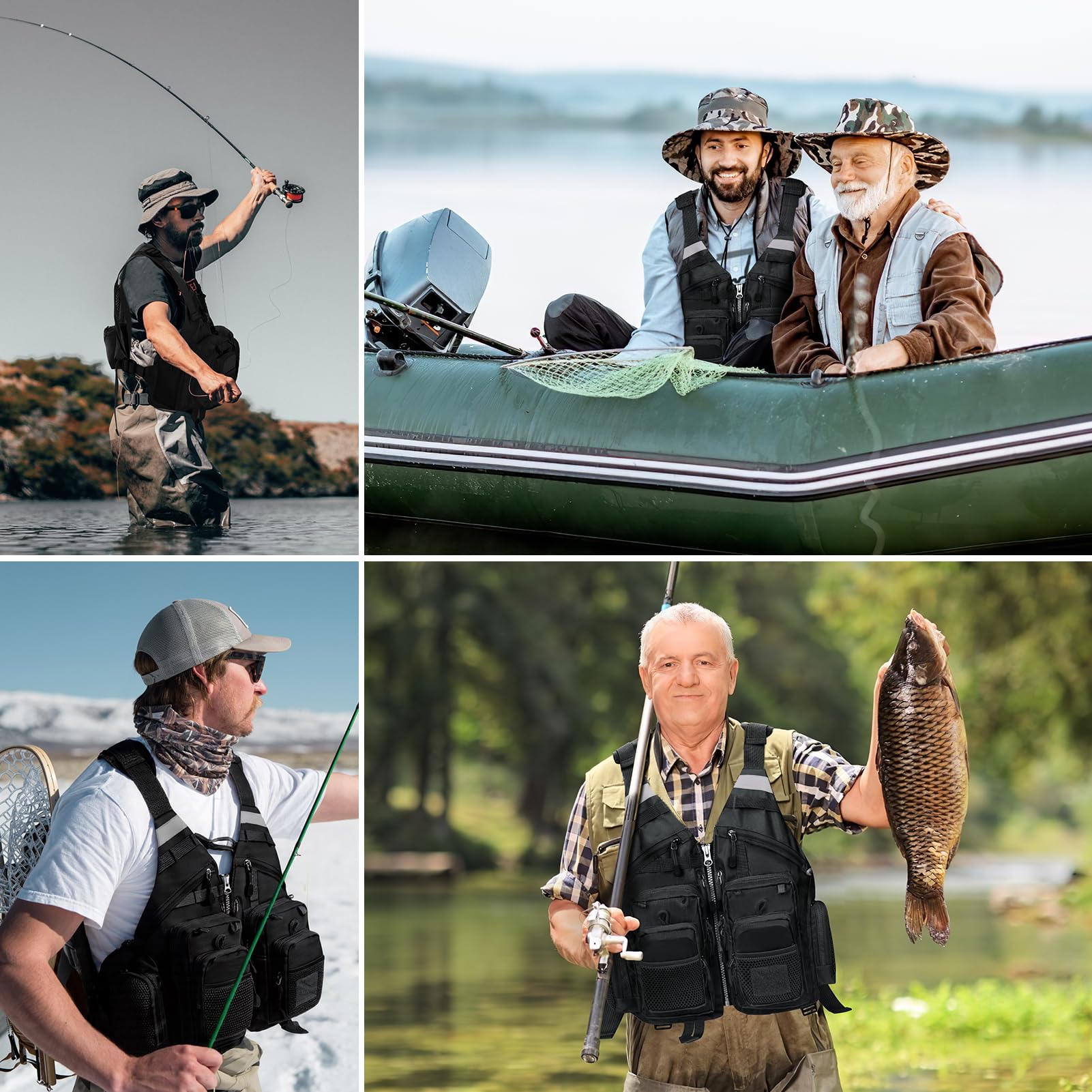 Gonex Gilet de Pêche à La Mouche pour Hommes et Femmes, Réglable avec Poches et Bandes Réfléchissantes