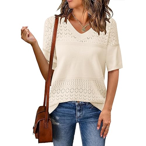 Zeagoo Womens Summer Sweater Casual Short Sleeve Pullover Tops V Neck Lightweight Shirts Ribbed Knit Dressy Blouse