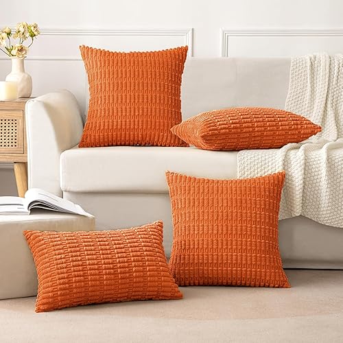 Miniatura 5 de MIULEE Paquete de 2 fundas de almohada decorativas color naranja de 12 x 20 pulgadas, fundas de almohada de pana a rayas bohemias modernas para