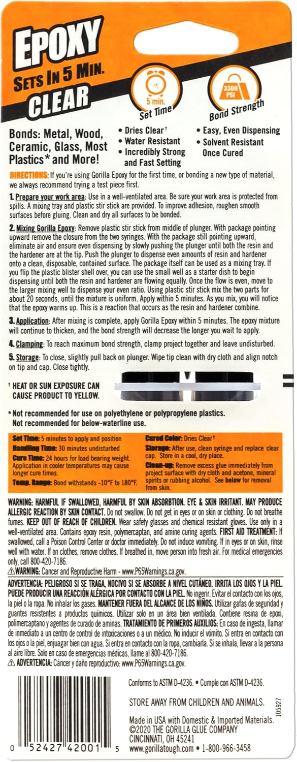 Gorilla 2 Part Epoxy, 5 Minute Set, .85 Ounce Syringe, Clear, (Pack of 2) : Industrial & Scientific