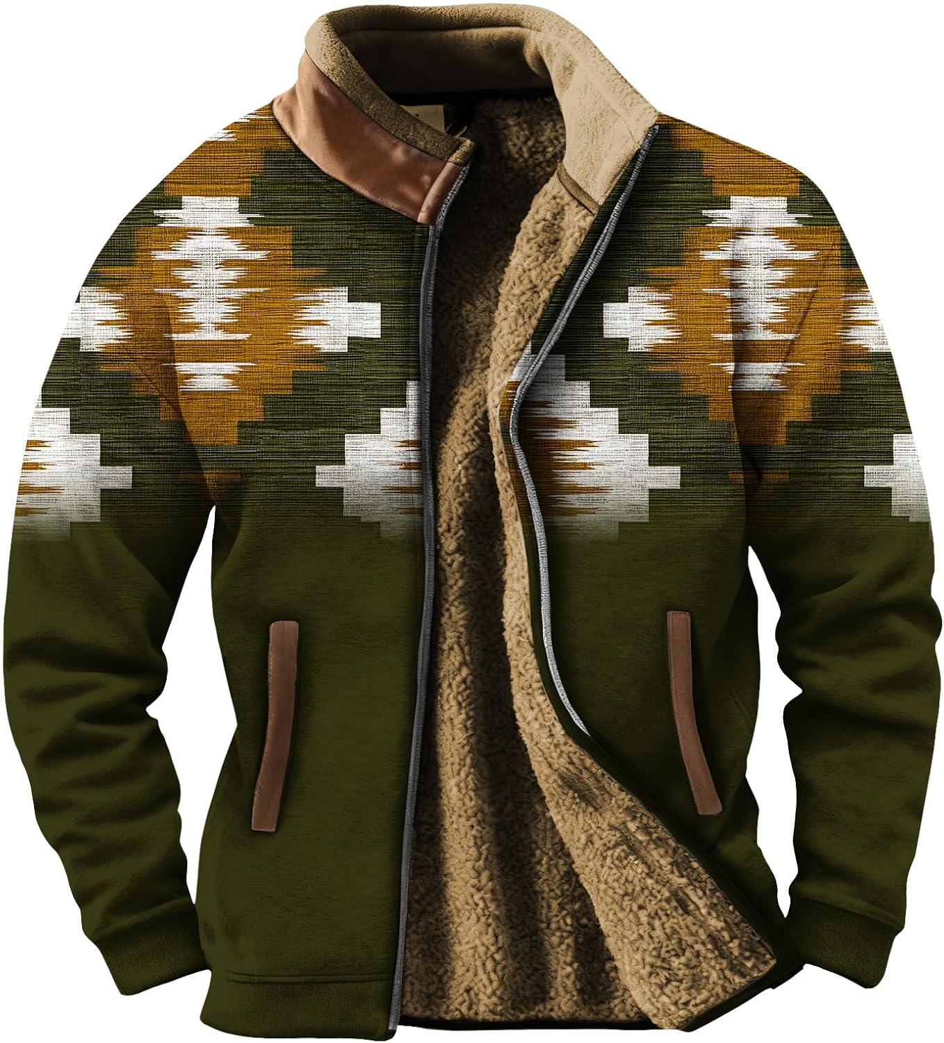 YZCX Western Aztec Fleece Jackets for Men Full Zipper Cowboy Vintage Print Coat Fall Winter Casual Warm Soft Sherpa Jacket