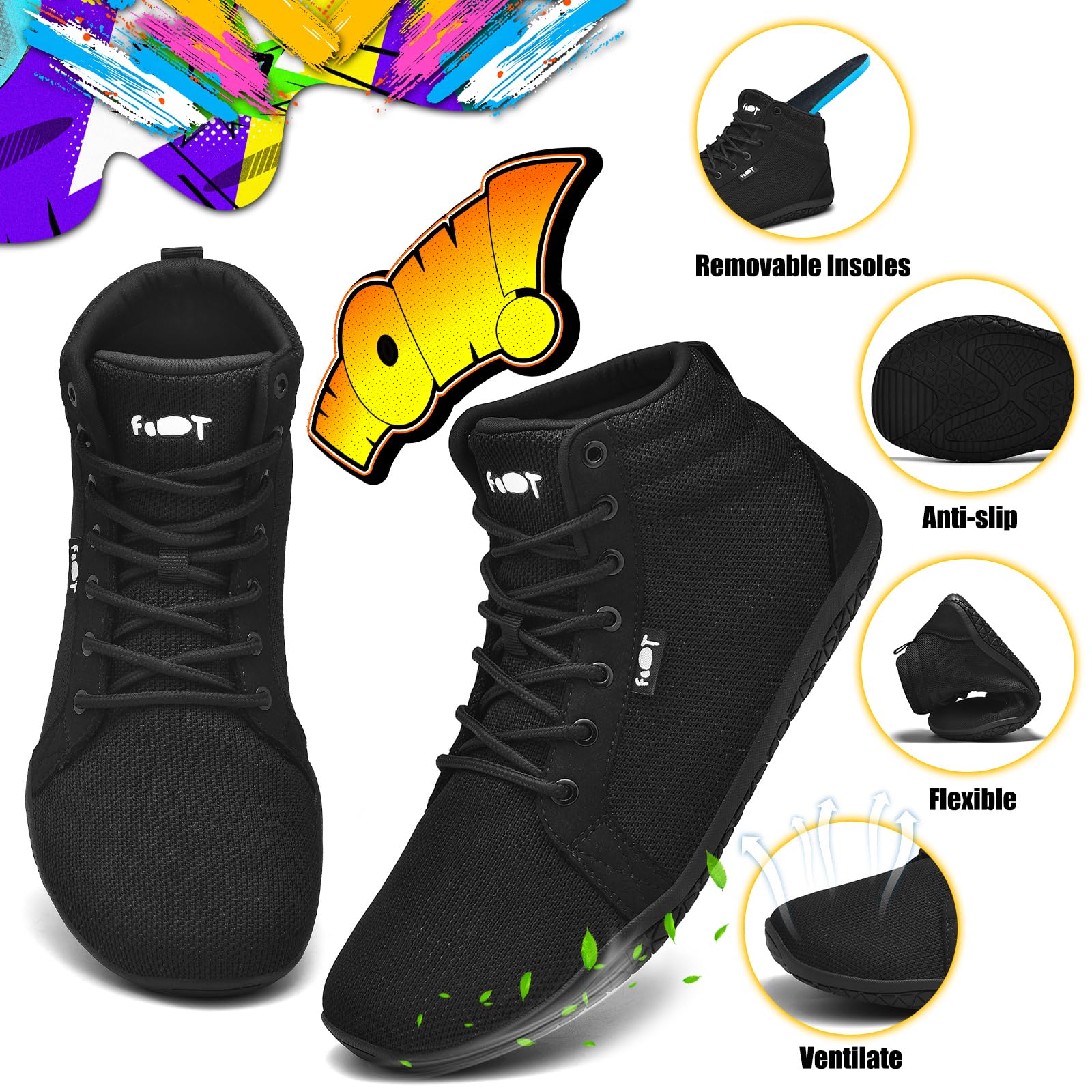 Geweo Barfußschuhe Damen Herren Hi top Sneaker Barfuss Schuhe Gr.37-47 | Leicht Breite Minimalistische Walking Zehenschuhe Zero Drop Sohle Unisex Trail Fitness Rutschfest Freizeit Fitness Unisex