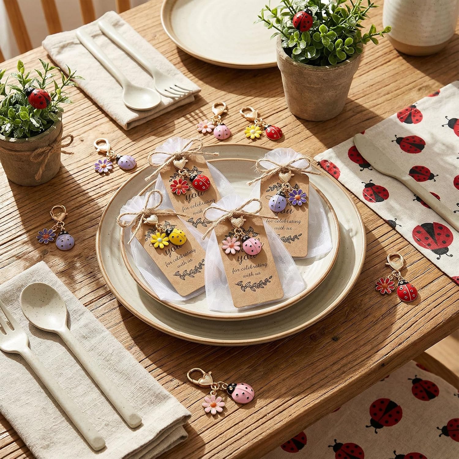 60 Pack Seven-spotted Ladybug Keychain Party Favors Set Include 20 Keyring with 20 Kraft Tags Organza Bag and 20 Thank You Tags for Guests Souvenir Baby Shower Wedding bridal shower - Image 4