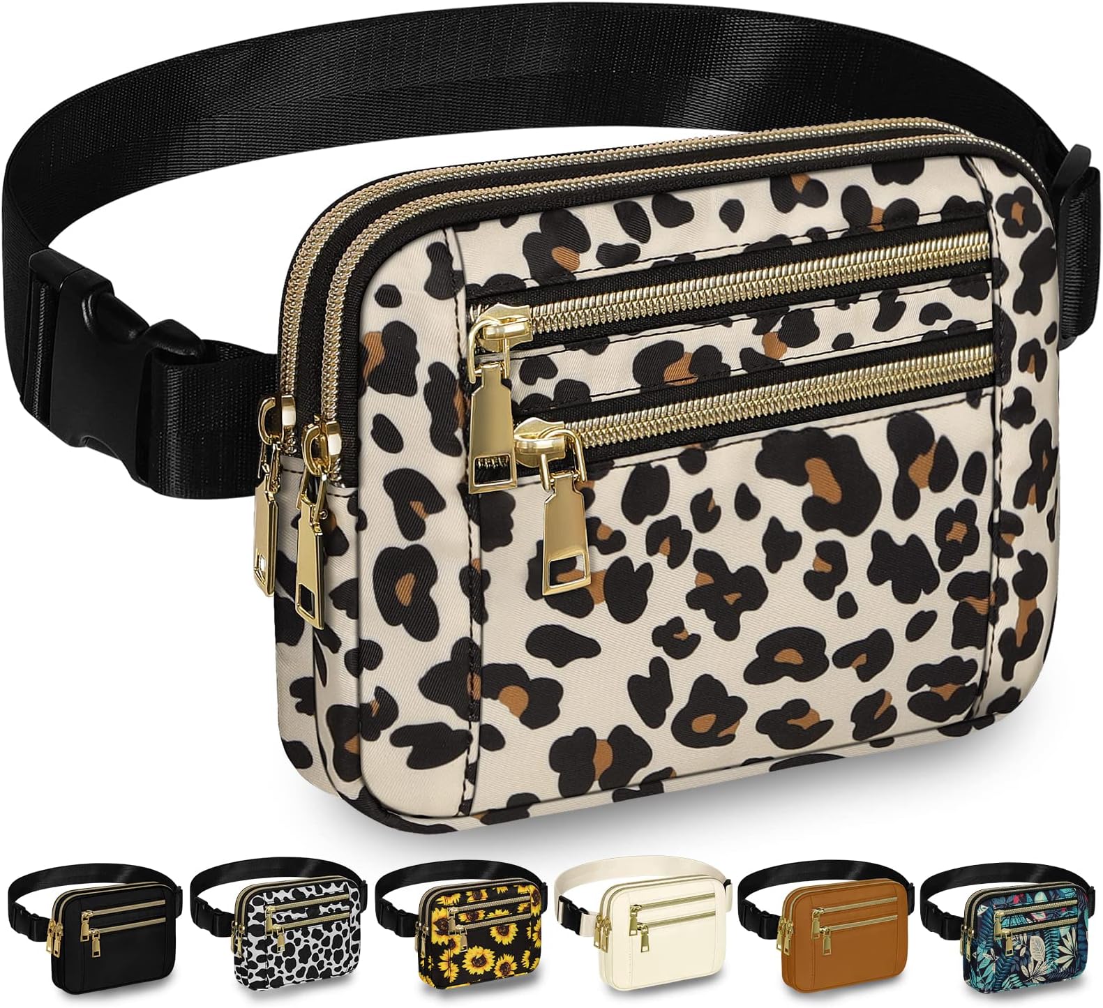 Capolo Fanny Packs for Women Fashion Waist Packs Bag with Adjustable Strap and 4 Zipper Pockets Waterproof Everywhere Crossbody Belt Bag for Workout Running Travelling, Leopard, Medium, Casual Waist