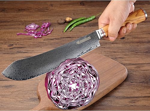 Miniatura 7 de YOUSUNLONG Cuchillo de romper Bull Nose Pro Carnicero Cuchillo de 10.0in Japonés Damasco Acero italiano mango de madera de olivo con funda de cuero