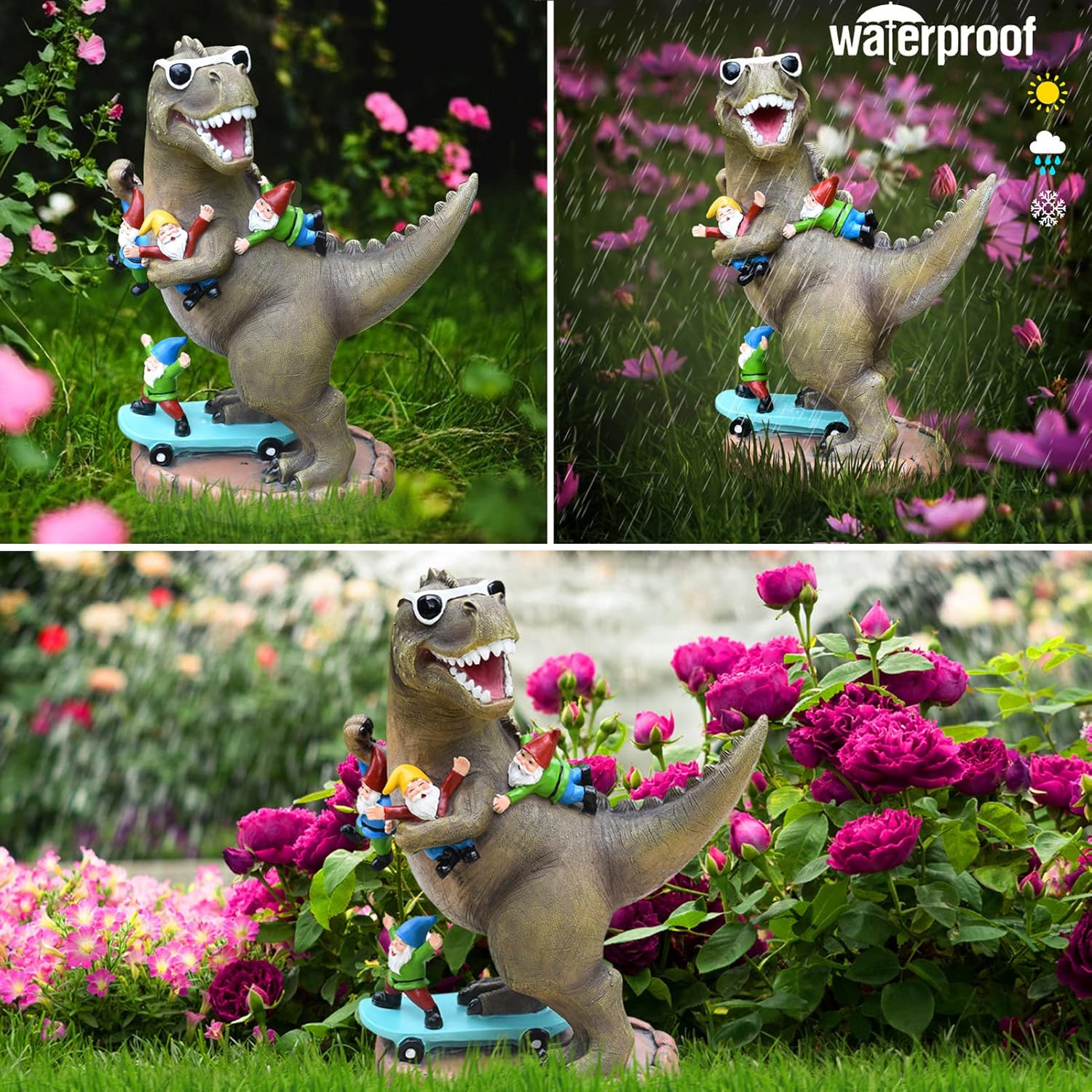 Garden Statue Outdoor Decoration, Cool Dinosaur Play Skateboard with Gnomes Figurines, Indoor Outdoor Decor Art for Patio Lawn Yard, Housewarming Garden Gift…