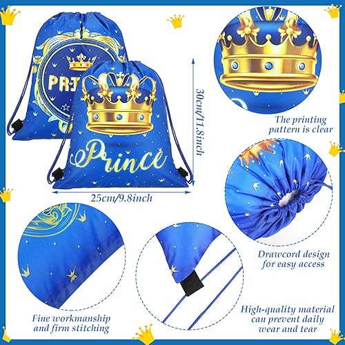 Miniatura 4 de Sweetude 24 bolsas de regalo para fiesta de príncipe, corona de príncipe, bolsas con cordón azul, decoración de almacenamiento para niños,