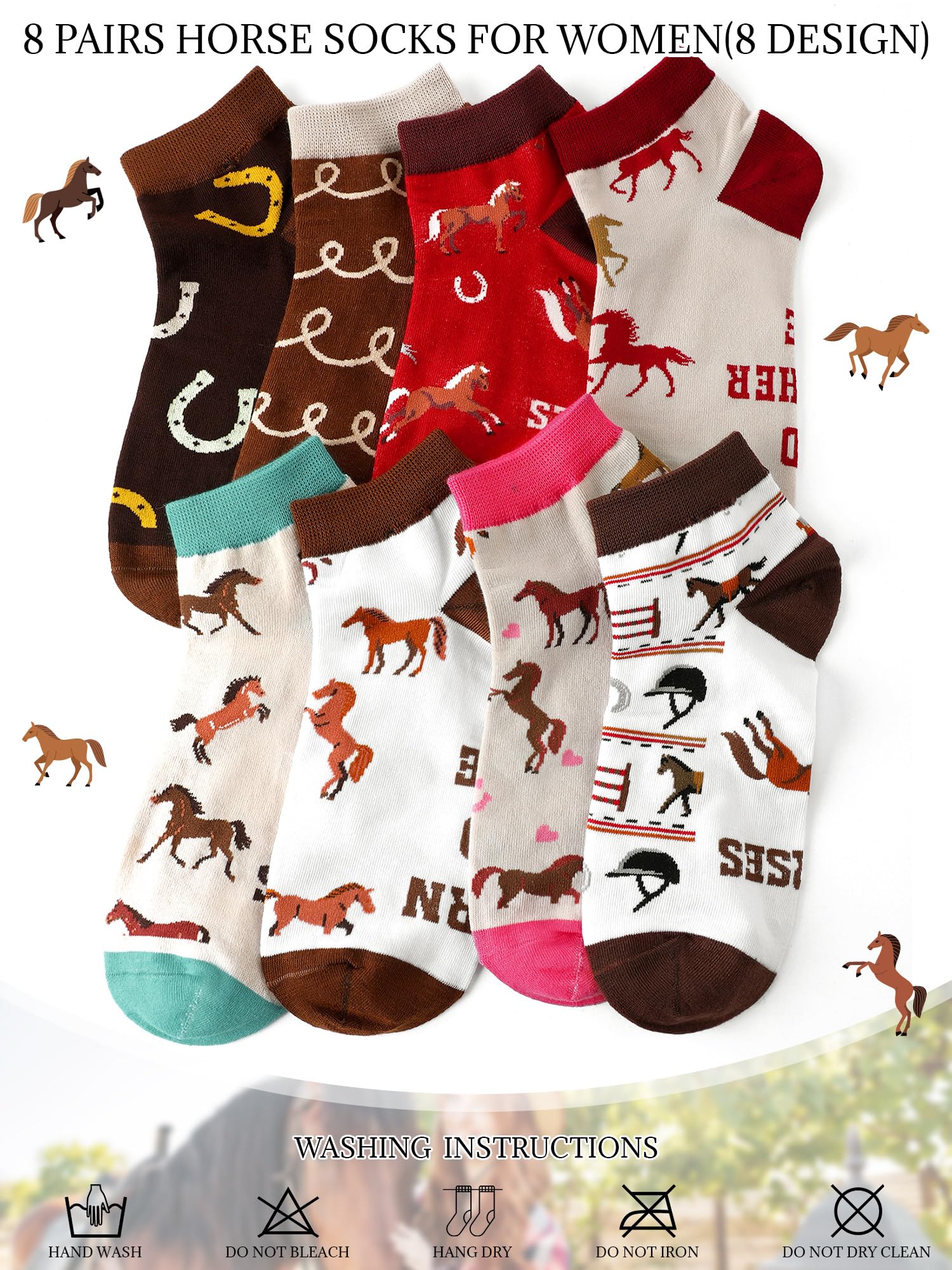 Xtinmee 8 Pairs Funny Horse Socks for Women Novelty Equestrian Ankle Socks Horse Stuff for Christmas Gift Cowgirl Western Lovers