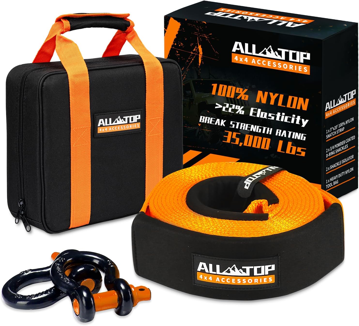 Heavy Duty Tow Strap Recovery Kit: 3 inch x 20ft (35,000lbs) 100% Nylon and 22% Elongation Snatch Strap + 3/4 Heavy Duty D Ring Shackles (2pcs) + Storage Bag