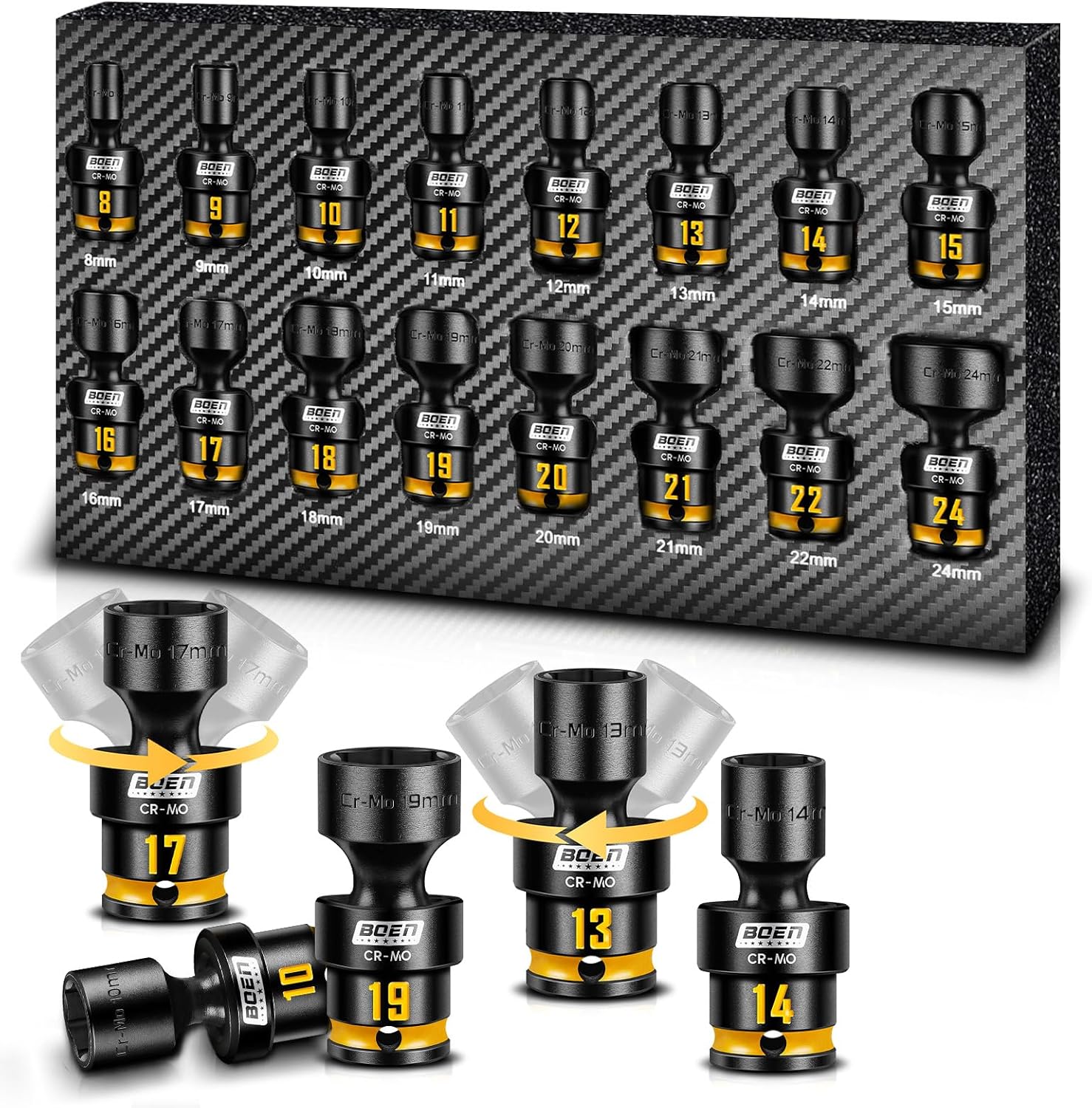 BOEN Pro 3/8" Inch Drive Impact Swivel Socket set, 16-Pieces Metric(8-24mm), 6-Point Shallow Universal Wobbly Sockets With Painted Marking, Cr-Mo, Include EVA, Fit Into Tight and Narrow Spaces