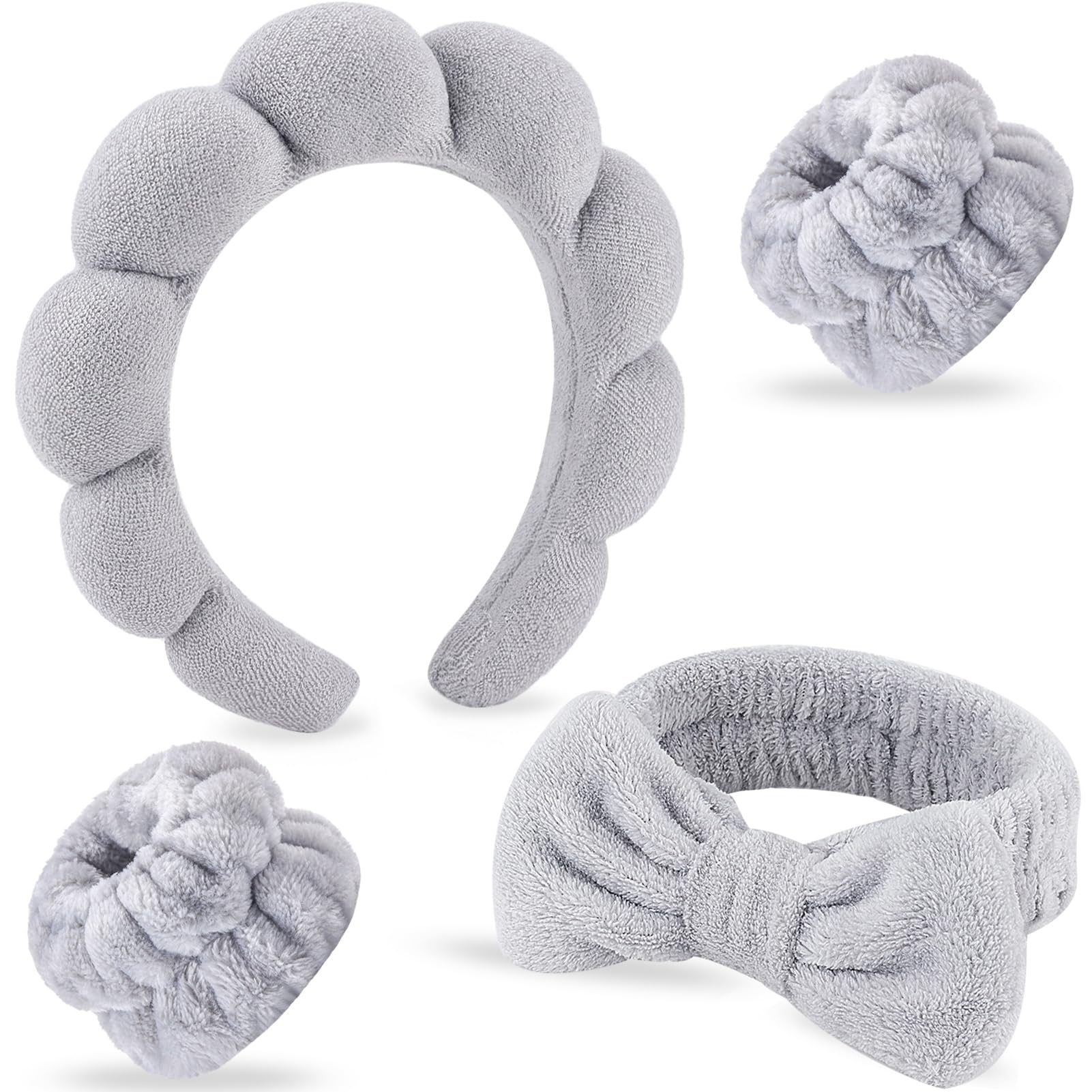 4Pcs Spa Headband for Washing Face Wristbands Set Women Bubble Skincare Makeup Sponge Terry Cloth Padded Puffy Headband Bow Tie Hairband Cute Non Slip Thick Hair Accessory Gifts(Grey)