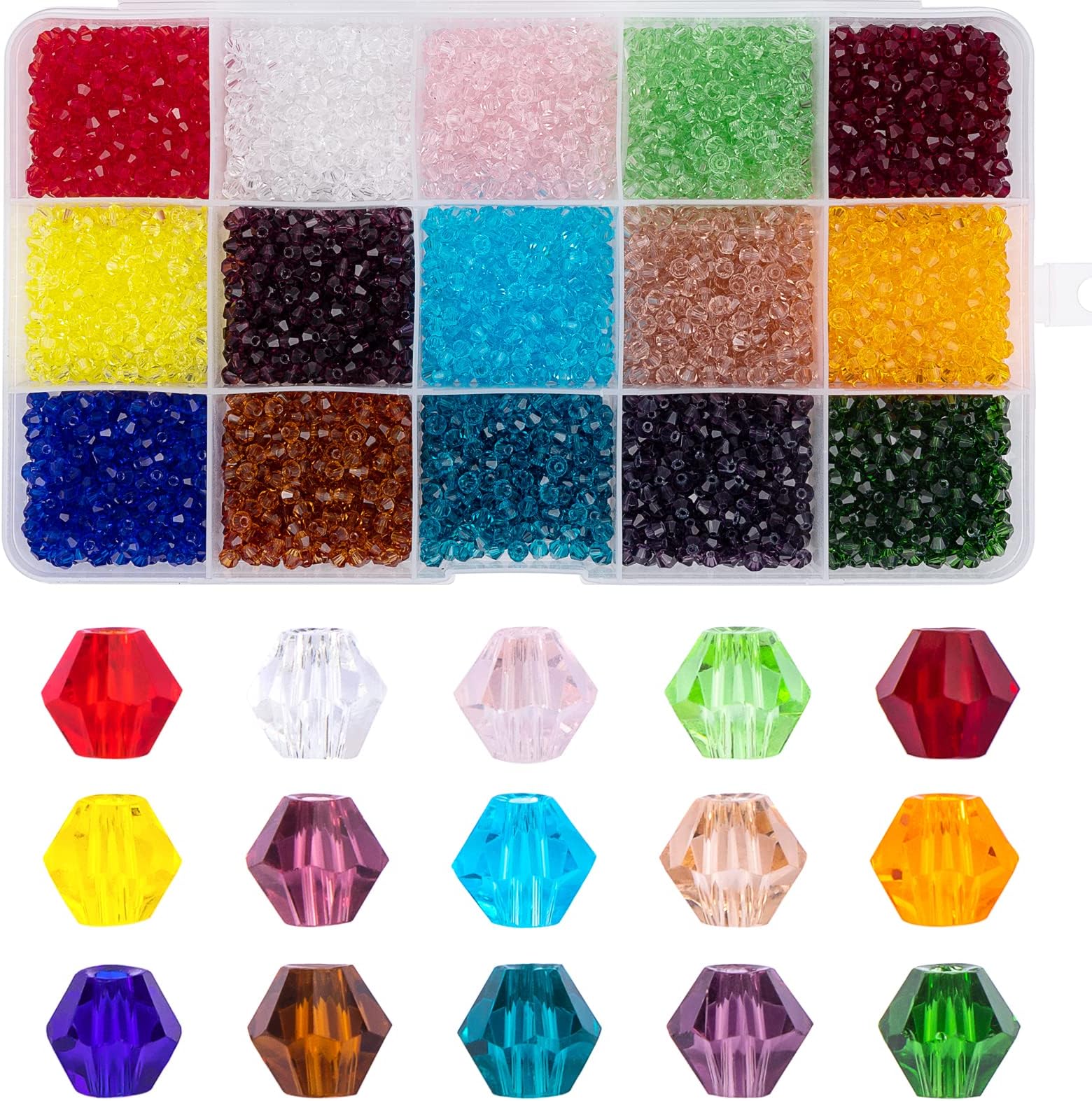 MissAudrey3750pcs Bicone Glass Beads 3mm Bicone Crystal Beads for Jewelry Making Faceted Crystal Glass Beads 15 Colors for DIY Beading Projects Bracelets Necklaces Earrings Suncatcher Crafts