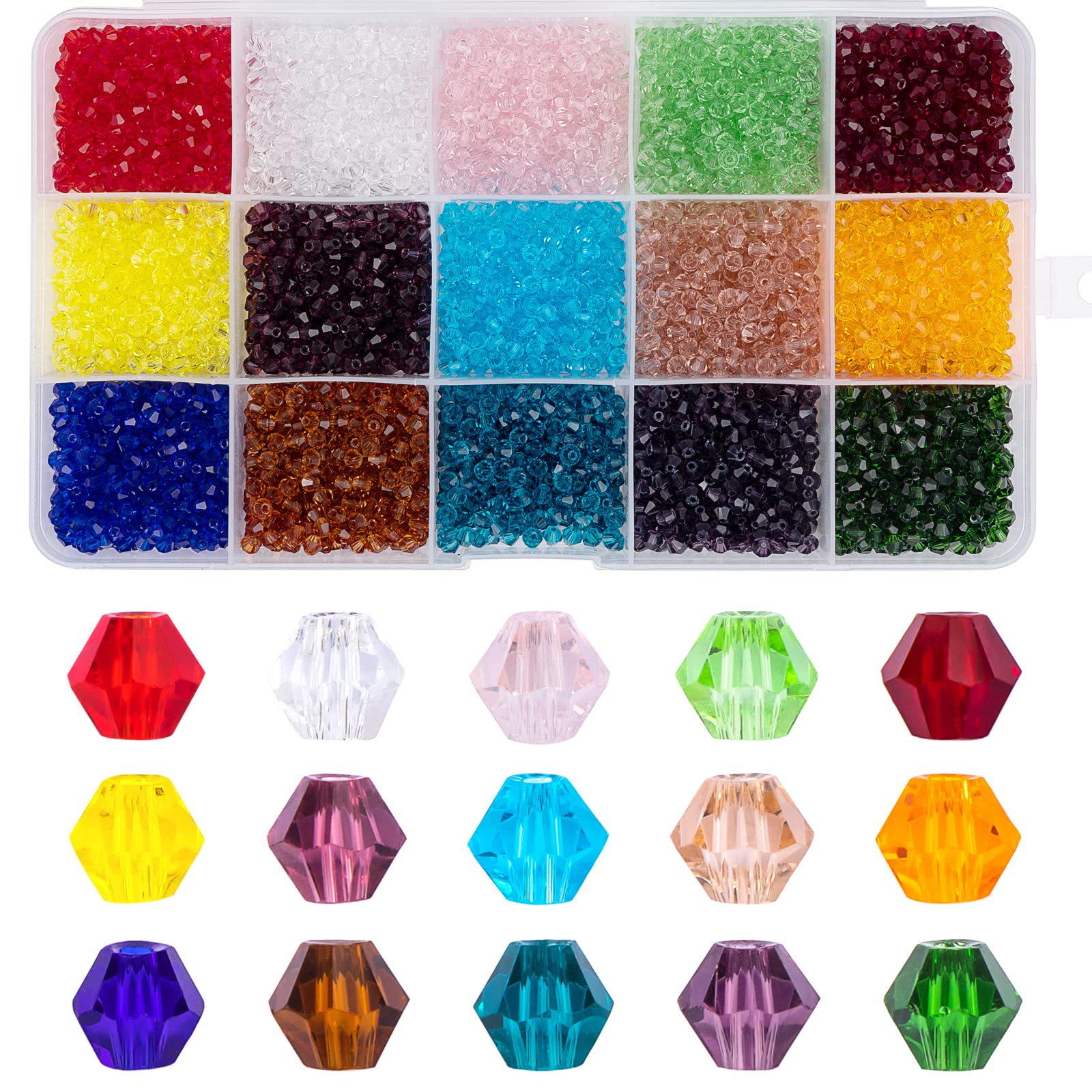 MissAudrey3750pcs Bicone Glass Beads 3mm Bicone Crystal Beads for Jewelry Making Faceted Crystal Glass Beads 15 Colors for DIY Beading Projects Bracelets Necklaces Earrings Suncatcher Crafts