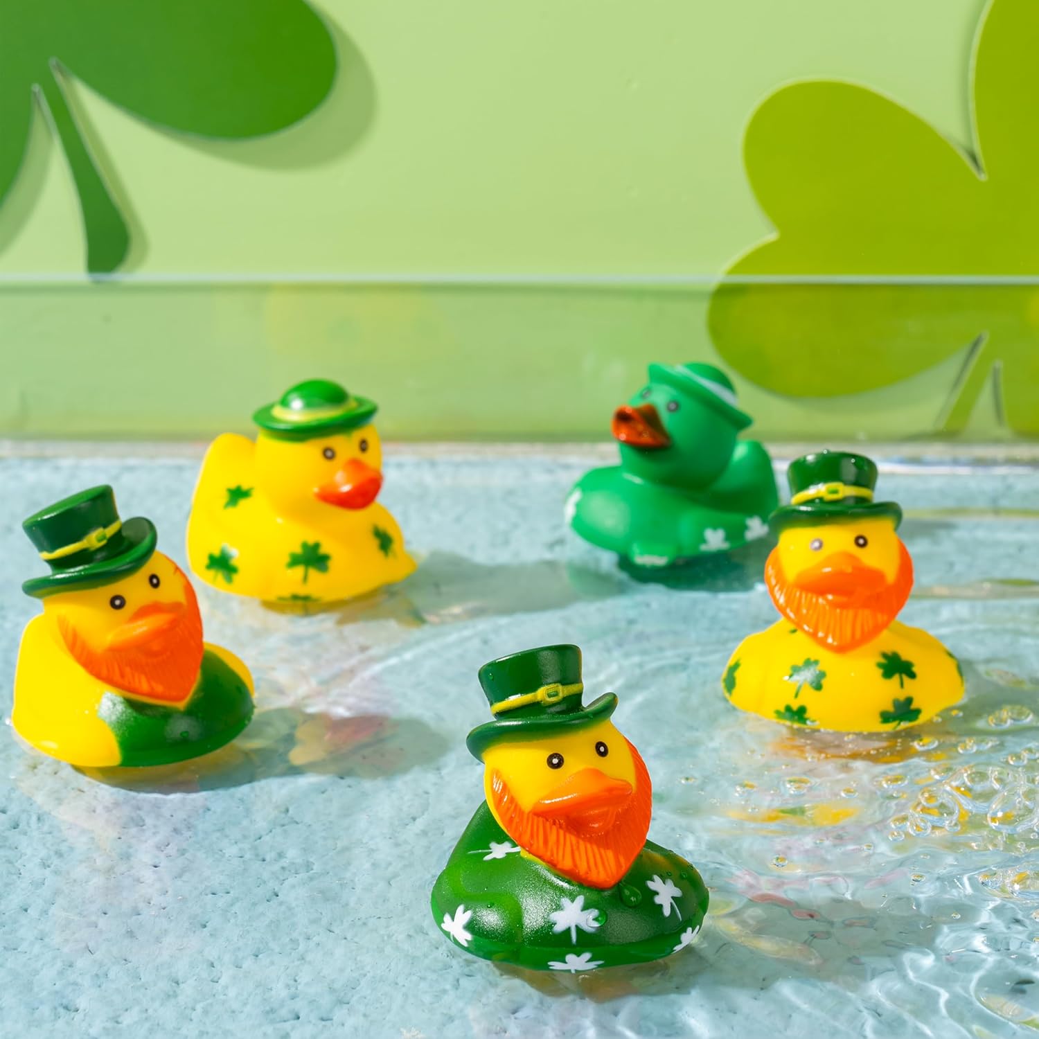 JOYIN 24 Pcs St.Patrick's Day Rubber Ducks, Green Rubber Lucky Ducks with Hats & Shamrock Patterns, Small Kid Bath Toys, St Patrick Gifts for Kids, Party Favors & Decorations