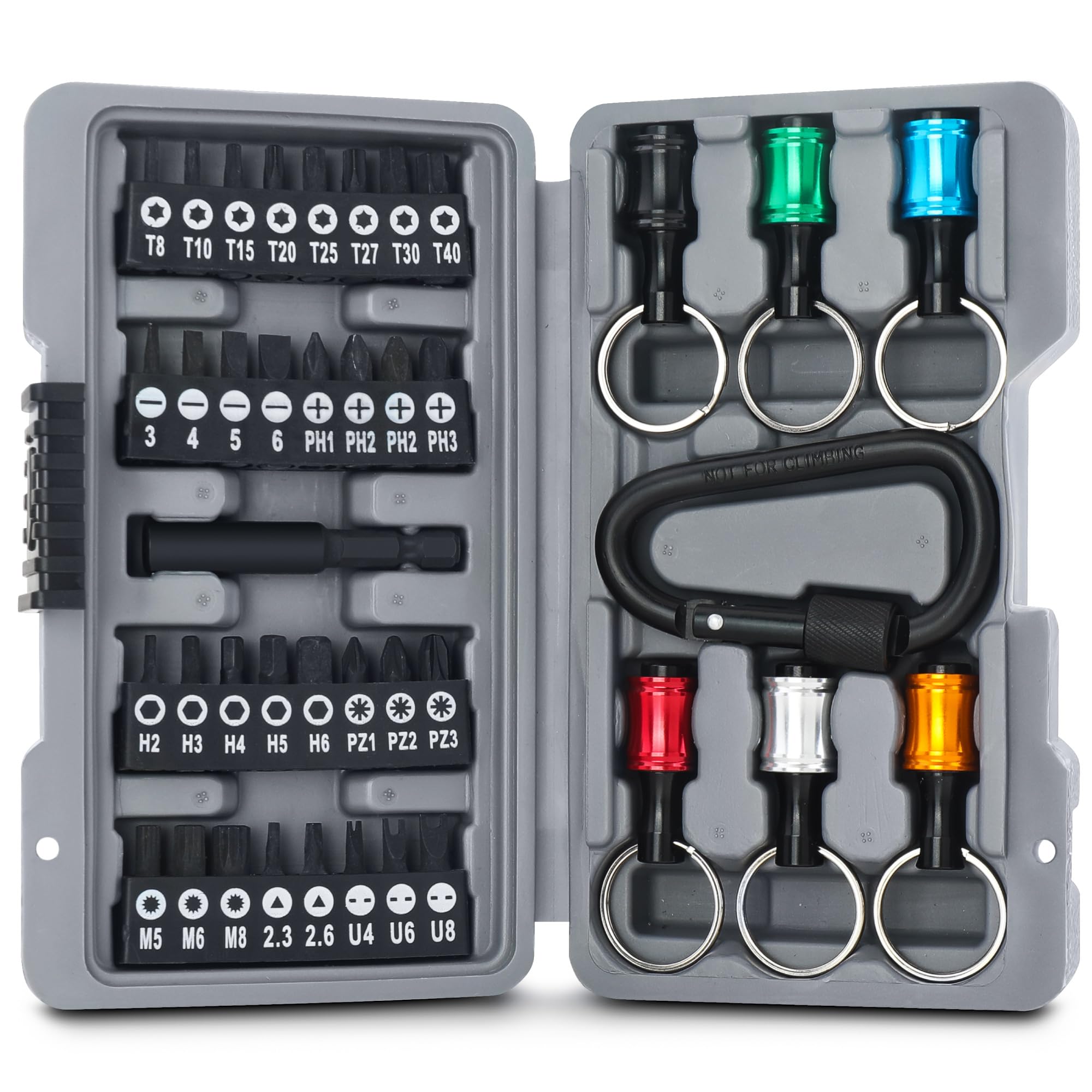 40pc Multi Screw Driver Bit Set including Quick Release Key Chain Ring Holders and Carabiner Clip. Torx and Tamperproof Security 1/4 inch Hex Screwdriving Drill Driver Bit Accessories in a Case
