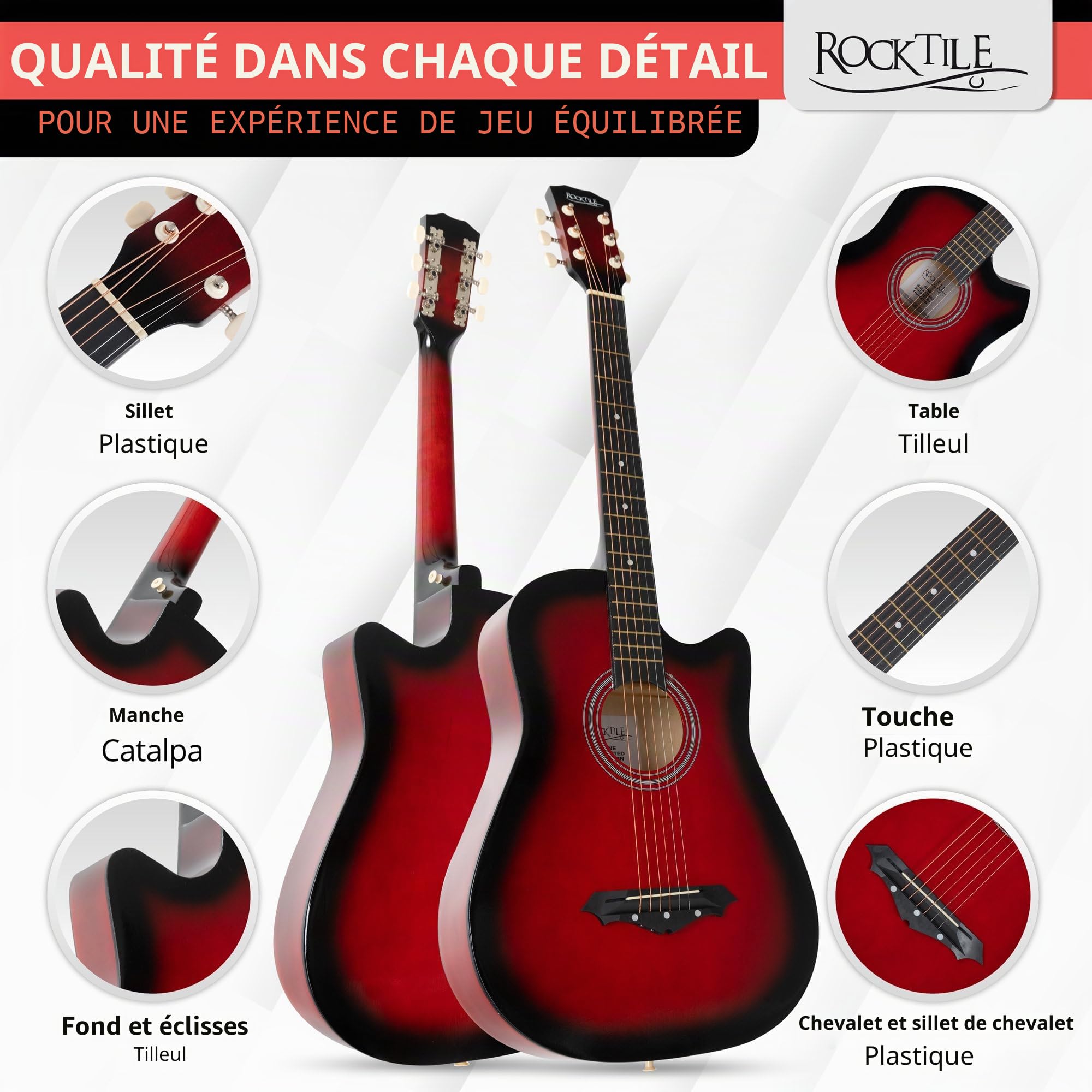 Rocktile WSD-5C-RDB Slim Line Set de Guitares Western - Guitare Acoustique Dreadnought - Corps en Tilleul - Manche : Catalpa - Set incluant housse, cordes de rechange, sangle et médiators - Redburst