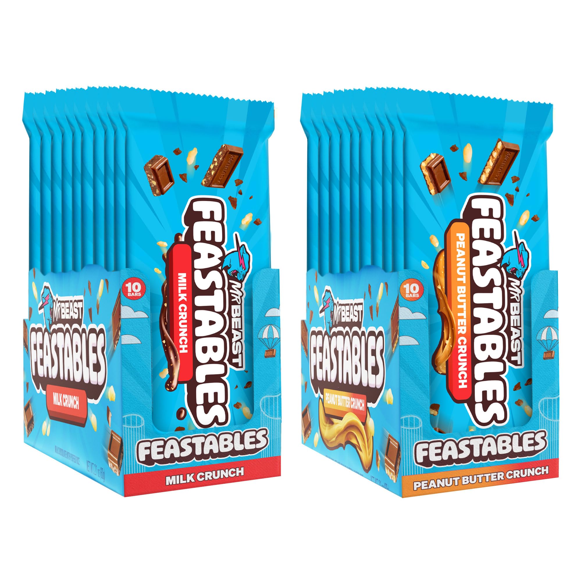 FeastablesMrBeast Combo Pack, King Size Milk Crunch, & Peanut Butter Crunch Candy Bars for Adults & Kids, Halloween Candy, Snacks, Gifts, or Dessert, Fairtrade Cocoa, 2.1 Oz Each, 20 Count