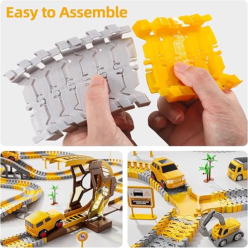 Miniatura 4 de iHaHa 299 piezas de pistas de carreras de construcción para niños, 6 piezas de autos de ingeniería y pista de carreras flexible crea un camino de
