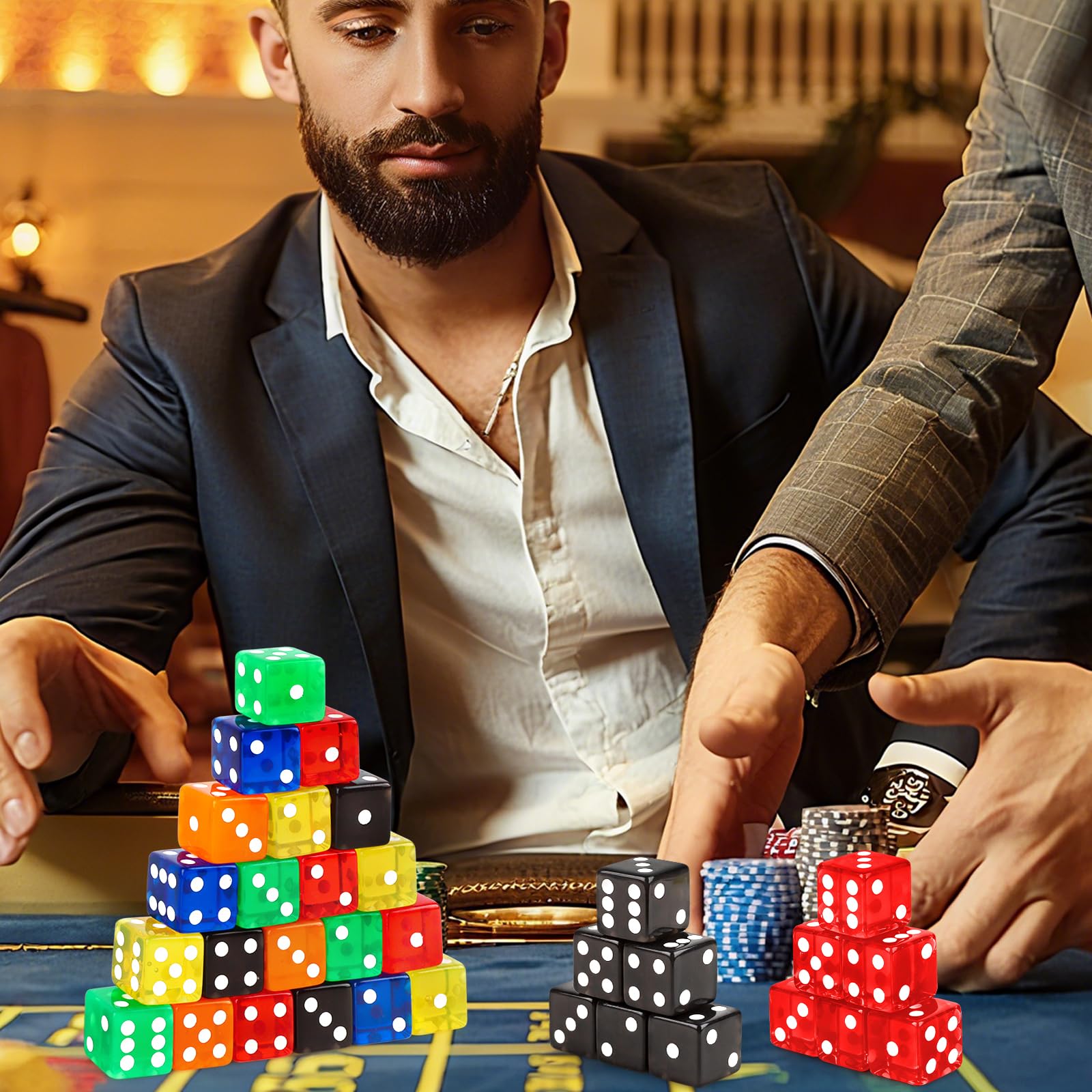 Hooqict Juego de 36 dados de casino de 19 mm, juego de dados grandes de acrílico de 6 caras a granel para casino Vegas, matemáticas, aula, suministros de enseñanza, juegos de mesa (negro, rojo, azul