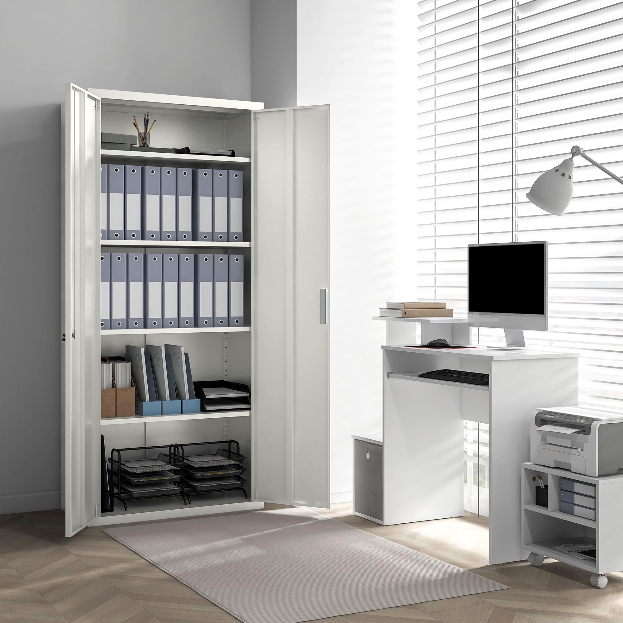 HOMCOM Armadio Ufficio a 5 Livelli con 4 Ripiani Regolabili, Armadio in Metallo Portadocumenti con 2 Ante, Serratura e 2 Chiavi, 80x40x180 cm, Bianco