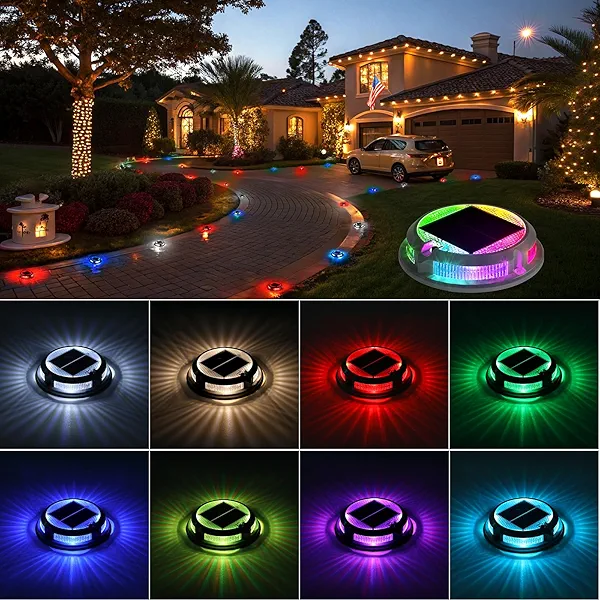 Solar Driveway Lights Outdoor 16 Pack, RGB Colors Solar Deck Dock Lights Outdoor Waterproof IP68, 3 Dynamic Light Modes Driveway Marker for Warning Stair, Boat Dock, Step, Walkway, Patio Decor