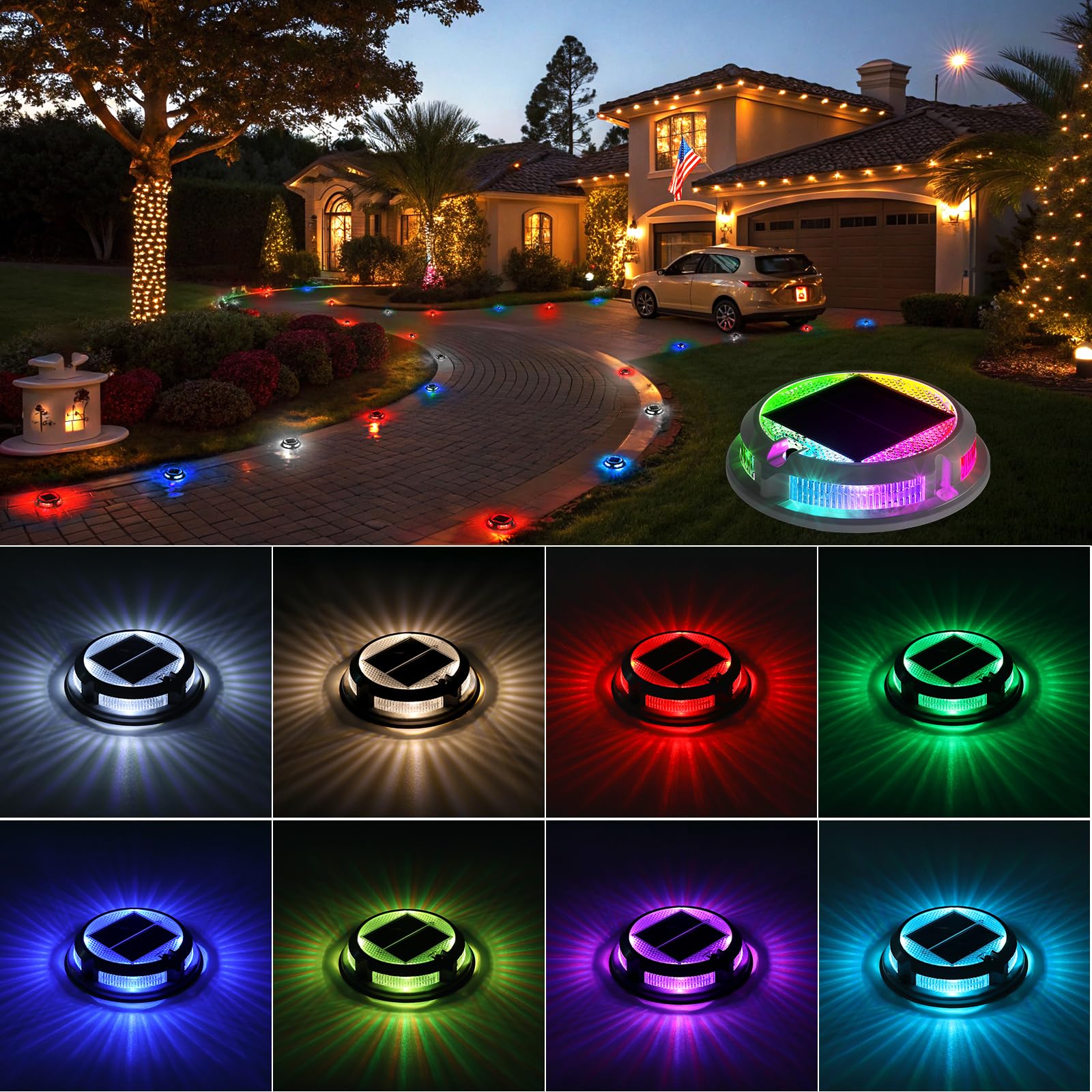 Solar Driveway Lights Outdoor 16 Pack, RGB Colors Solar Deck Dock Lights