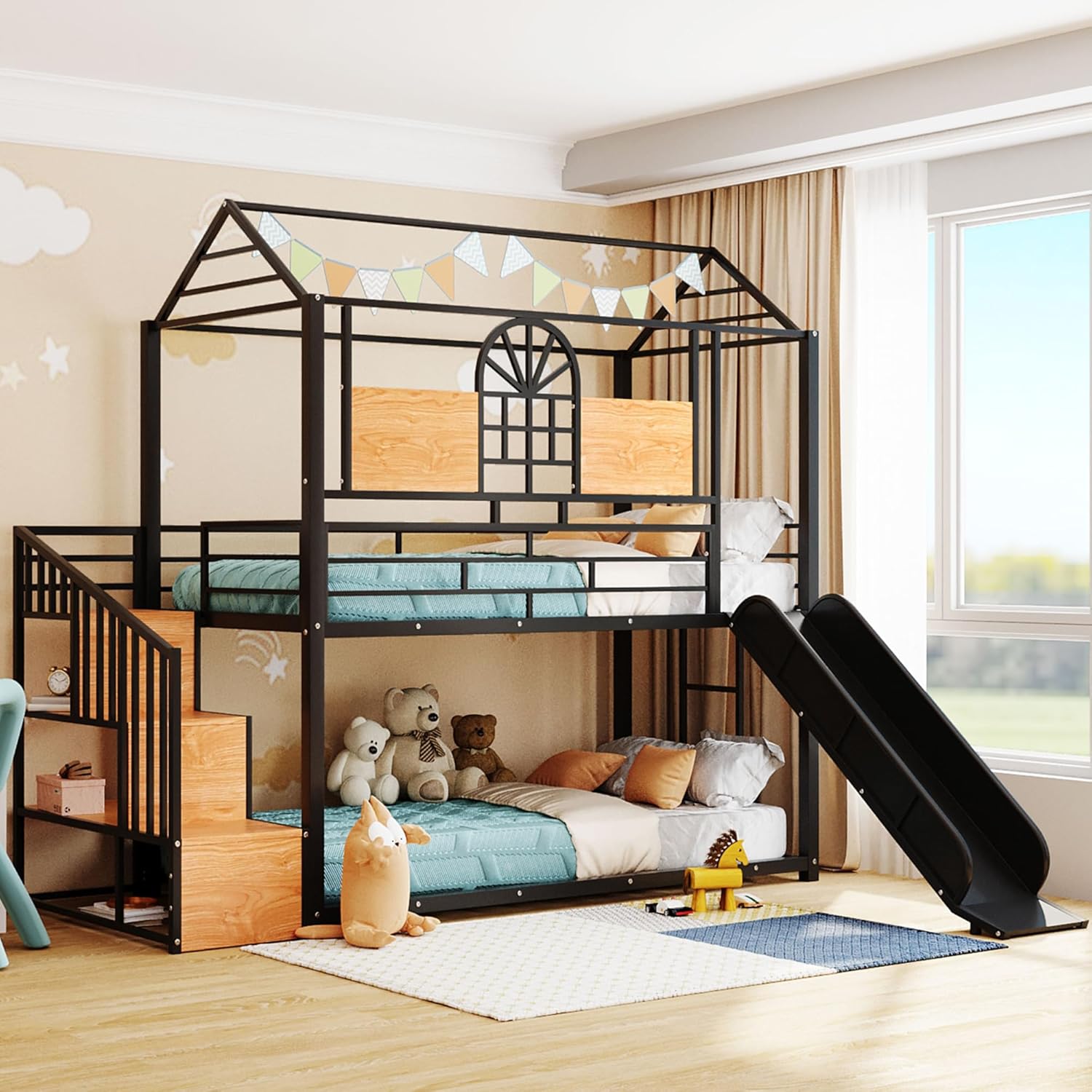 Metal Bunk Bed Twin Over Twin, Floor Bunk Bed/Kids House