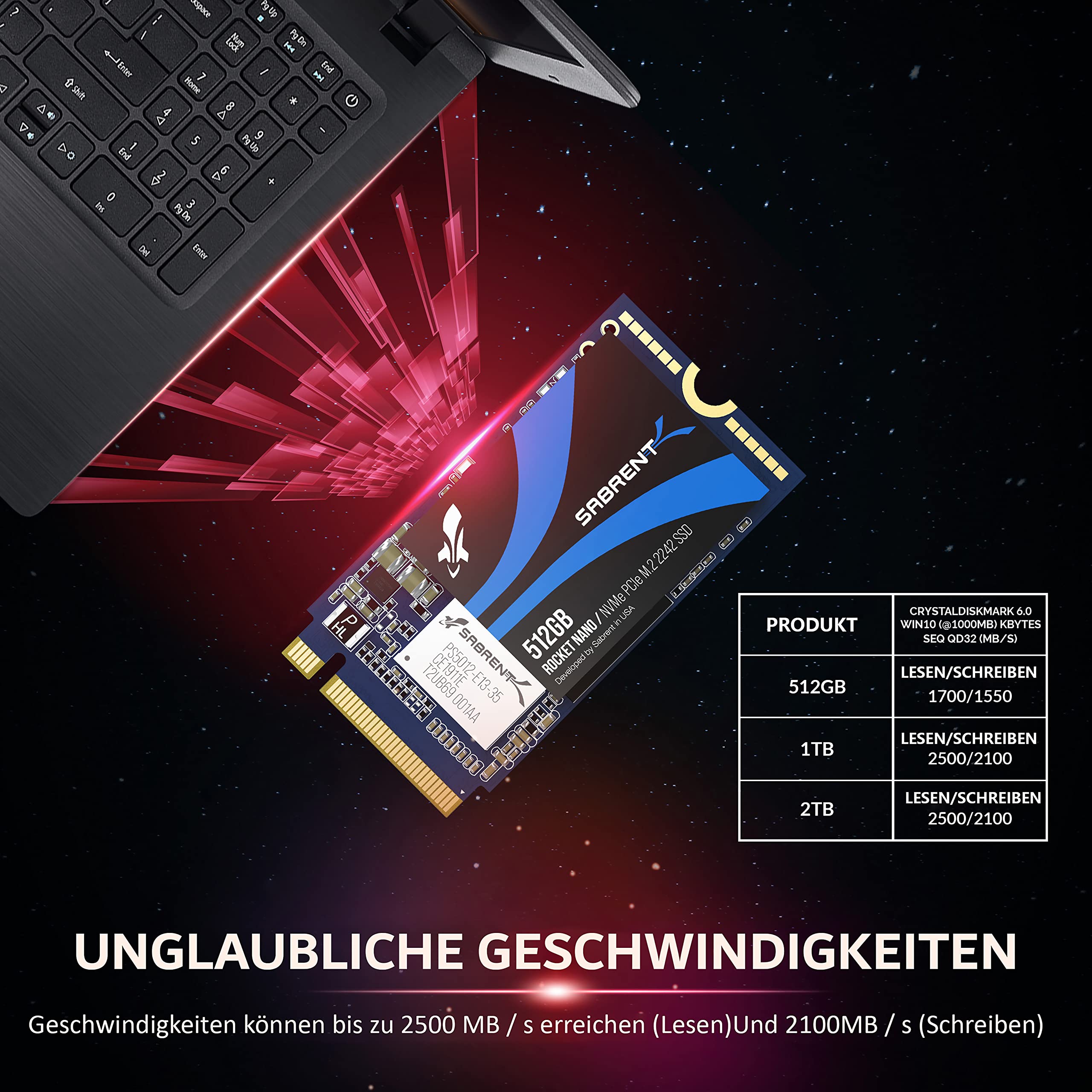 SABRENT 2242 M.2 NVMe SSD 512GB, Interne SSD 1700 MB/s Lesen, 42 mm PCIe 3.0 X4, Internes Solid State Drive, High Performance kompatibel mit Allen PCs, NUCs und Laptops (SB-1342-512)
