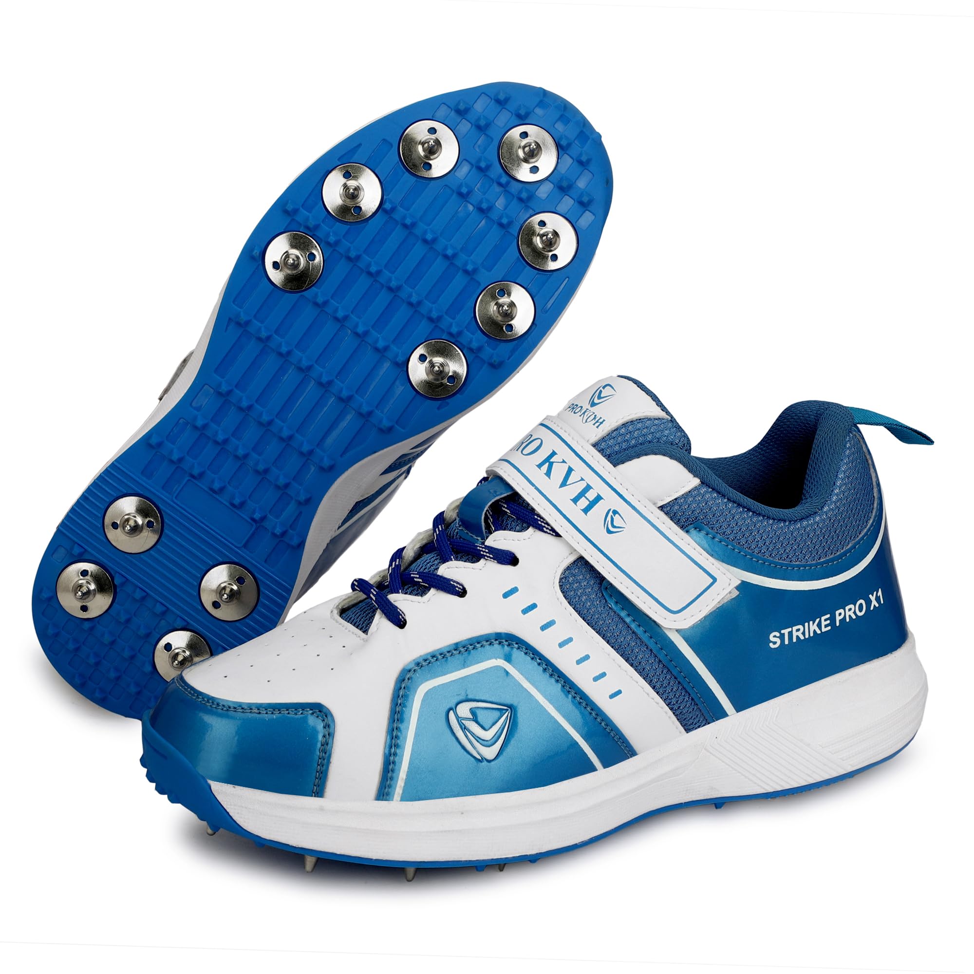Strike Pro X1 Cricket Shoes for Men – Lightweight Metal Spikes Cricket Shoe, Breathable Upper, Ideal for All-Round Play (Blue & White)