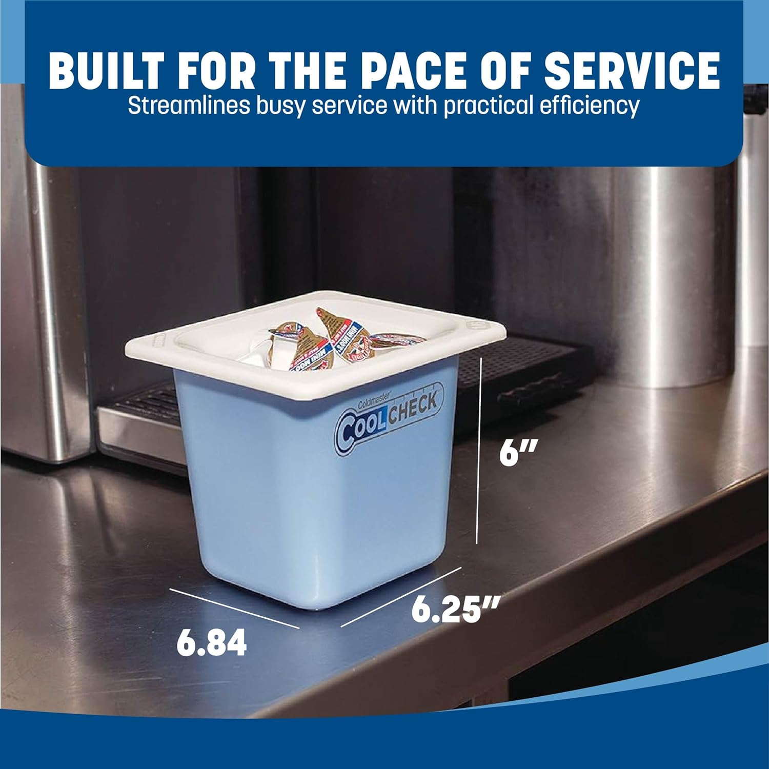 Carlisle FoodService Products CM1104C1402 Coldmaster CoolCheck 6" Deep Sixth-Size Insulated Cold Food Pan, 1.6 Quart, Color Changing, White and Blue