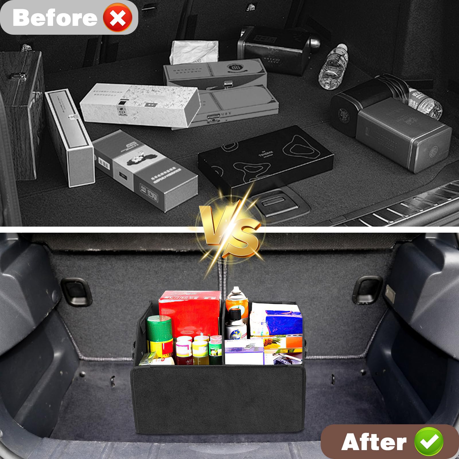 Organizzatori Borsa Organizer Bagagliaio Auto 44 * 31 * 29, E Contenitori Pieghevole，Organizer Bagagliaio Auto Grande Capacità con Coperchio Magnetico e Manico per SUV, Camion