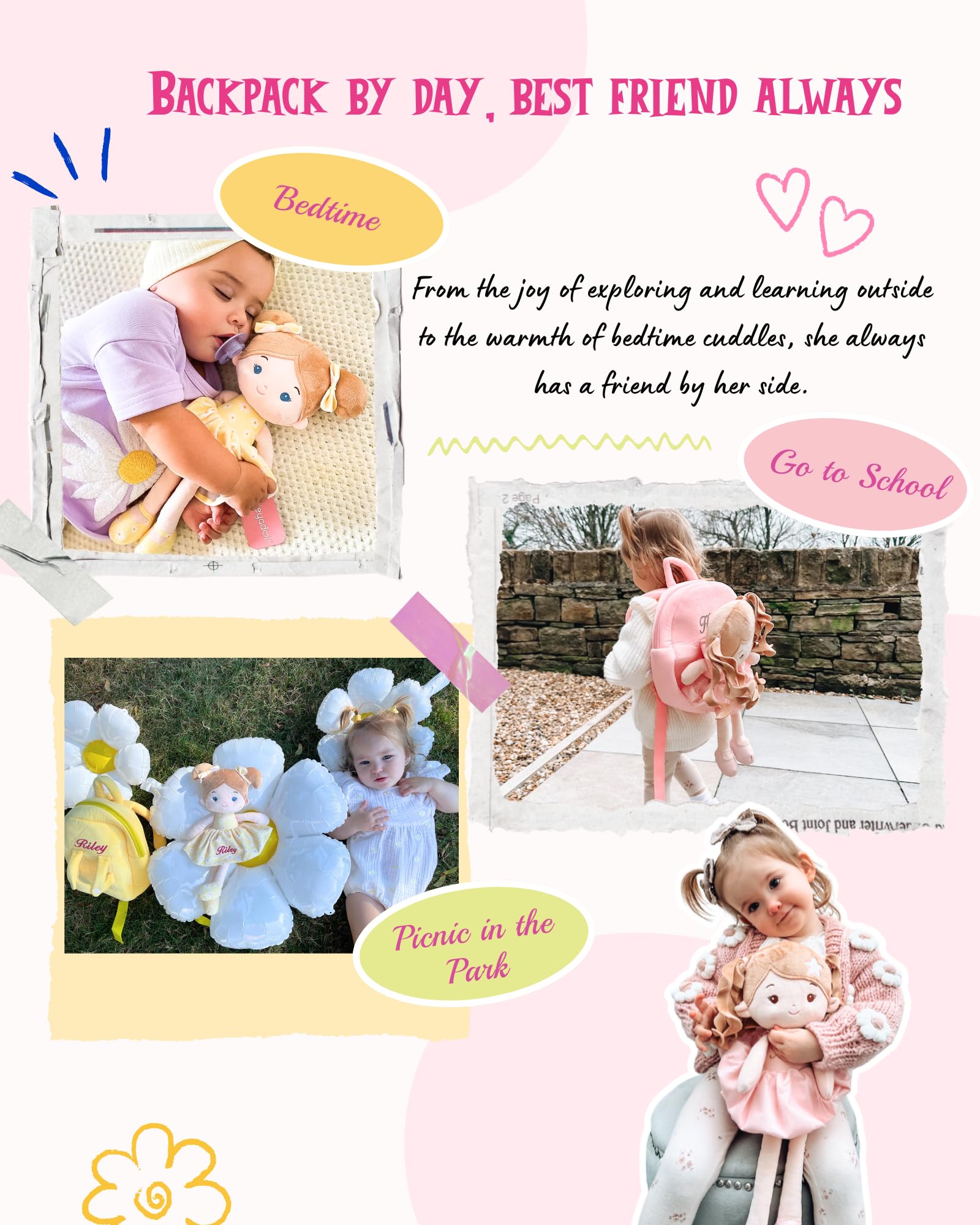 LeyaDoll Personalisiertes, weiches Baby-Puppen-Rucksack-Set, 1 Jahr altes Mädchen, Geschenke | Inklusive pinker Geschenktüte, Schlafenszeit Buddy für Kleinkinder, gesticktes Gesicht und butterweich, maschinenwaschbar