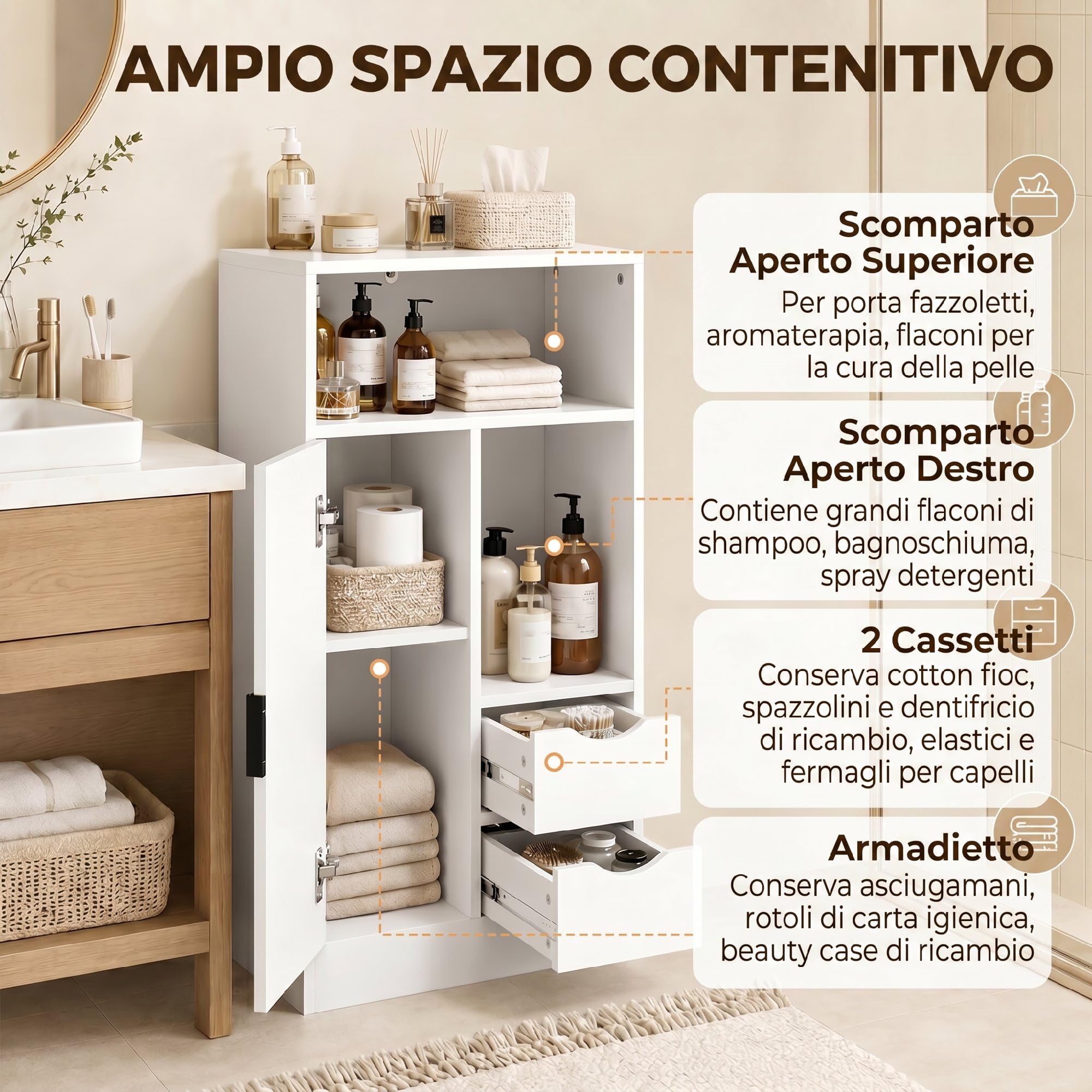 HOMCOM Mobiletto Bagno Salvaspazio Slim 50x25x100 cm Bianco | Mobile Bagno con 2 Cassetti, Ripiani Regolabili a 3 Livelli e Armadietto, Stile Nordico