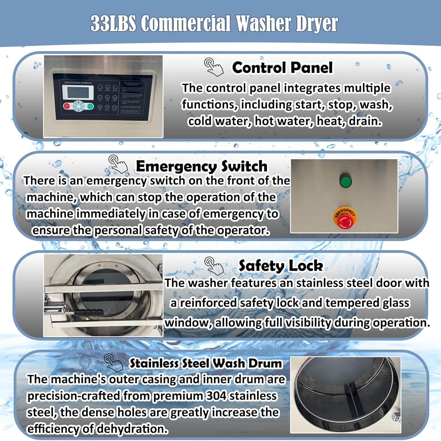 Industrial Laundry Washing Machine 33LBS Capacity Commercial Washer Cleaning Machine 2in1 Compact Laundry Washer Spinner for School, Hotel, Factory 220V 1PH