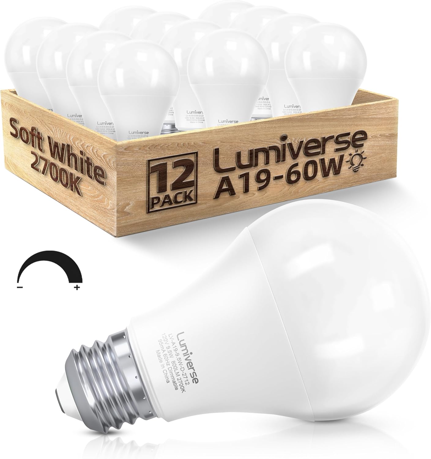 Lumiverse A19 Dimmable LED Bulbs 60W Equivalent, 9.5W, Non-Flickering, 2700K Soft White, 800 Lumens, E26 Base, 15000 Hour, Energy Saving, Clear Bright Light for Ceiling, Bedroom, 12 Pack
