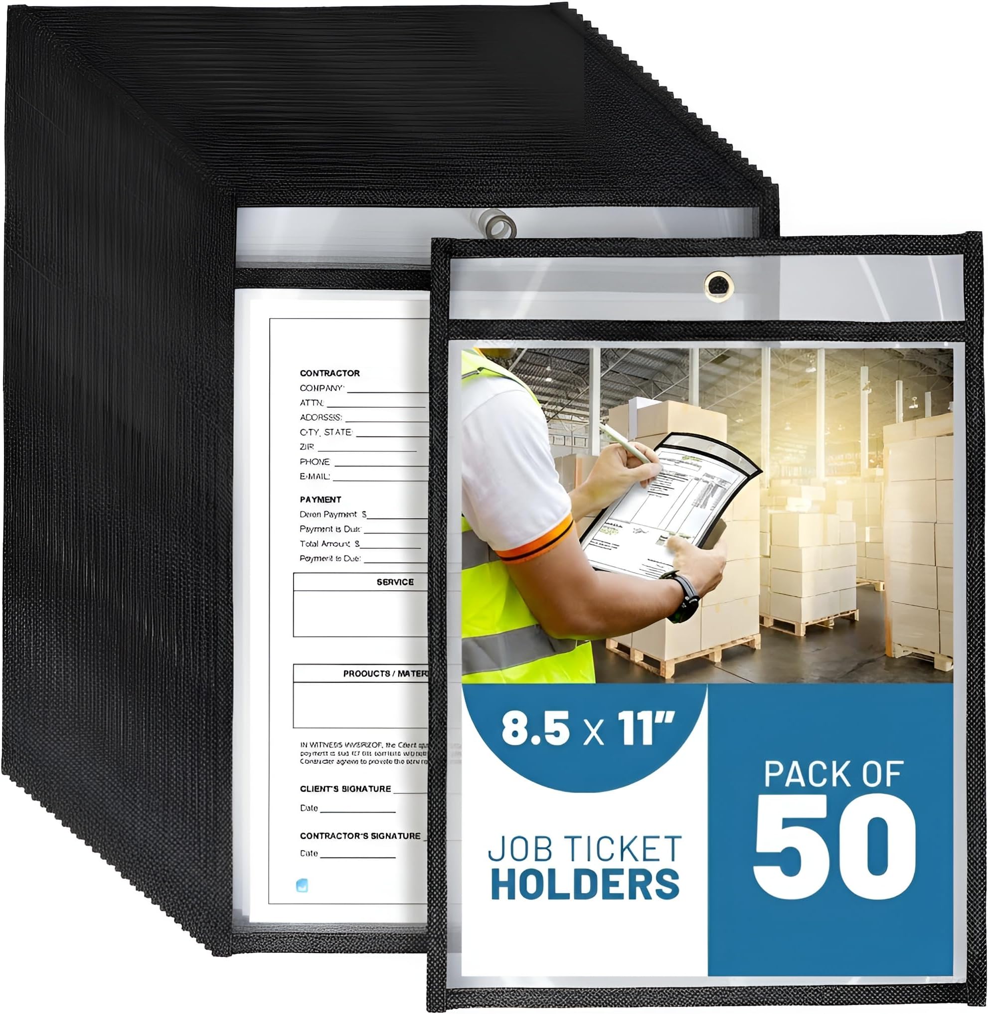 50 Pack Job Ticket Holders 8.5x11 - Work Order Plastic Sleeves for Documents - 8 1/2 x 11 Shop Ticket Holders - Heavy Duty Sheet Protectors - Dry Erase Pocket Sleeves - Dry Erase Clear Pocket Sleeve