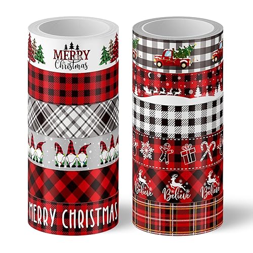AnyDesign 12 rollos de cinta Washi a cuadros de Navidad, color rojo, negro y blanco, cinta adhesiva Washi para árbol de Navidad, gnomo, muñeco de