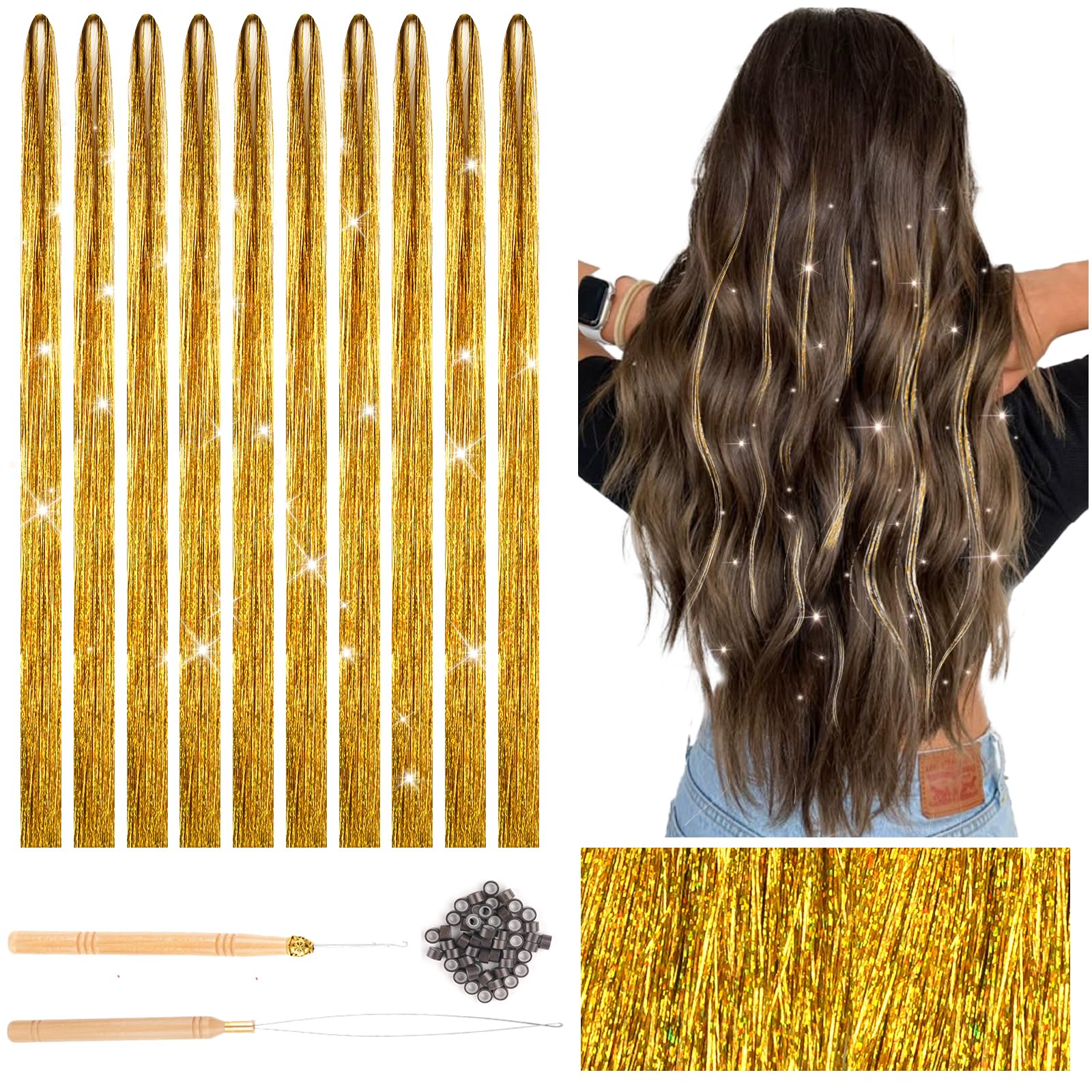 Deepton 2000 Hair Tinsel, 120cm Glitzer Haarsträhnen mit Werkzeug, Haar Lametta Set, Mädchen & Kinder Haarlametta, Glitzersträhnen für Haare für Frauen Kinder Cosplay Party Zubehör