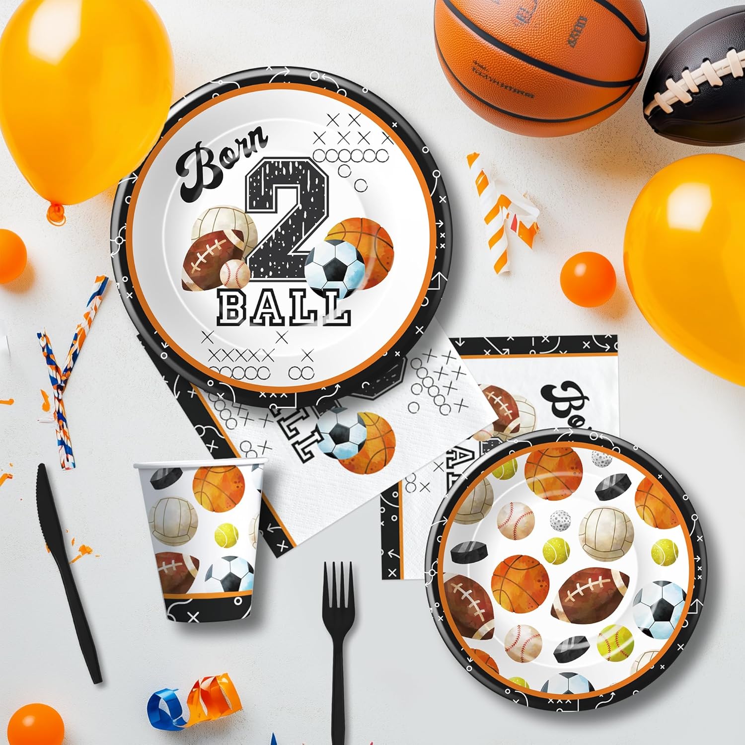 Sports 2nd Birthday Party Decorations, Sports Born Two Ball Birthday Party Supplies Tableware, Paper Plates and Napkins Set, Cup, Banner, Garland, Tablecloth, Cutlery, 24 Guests